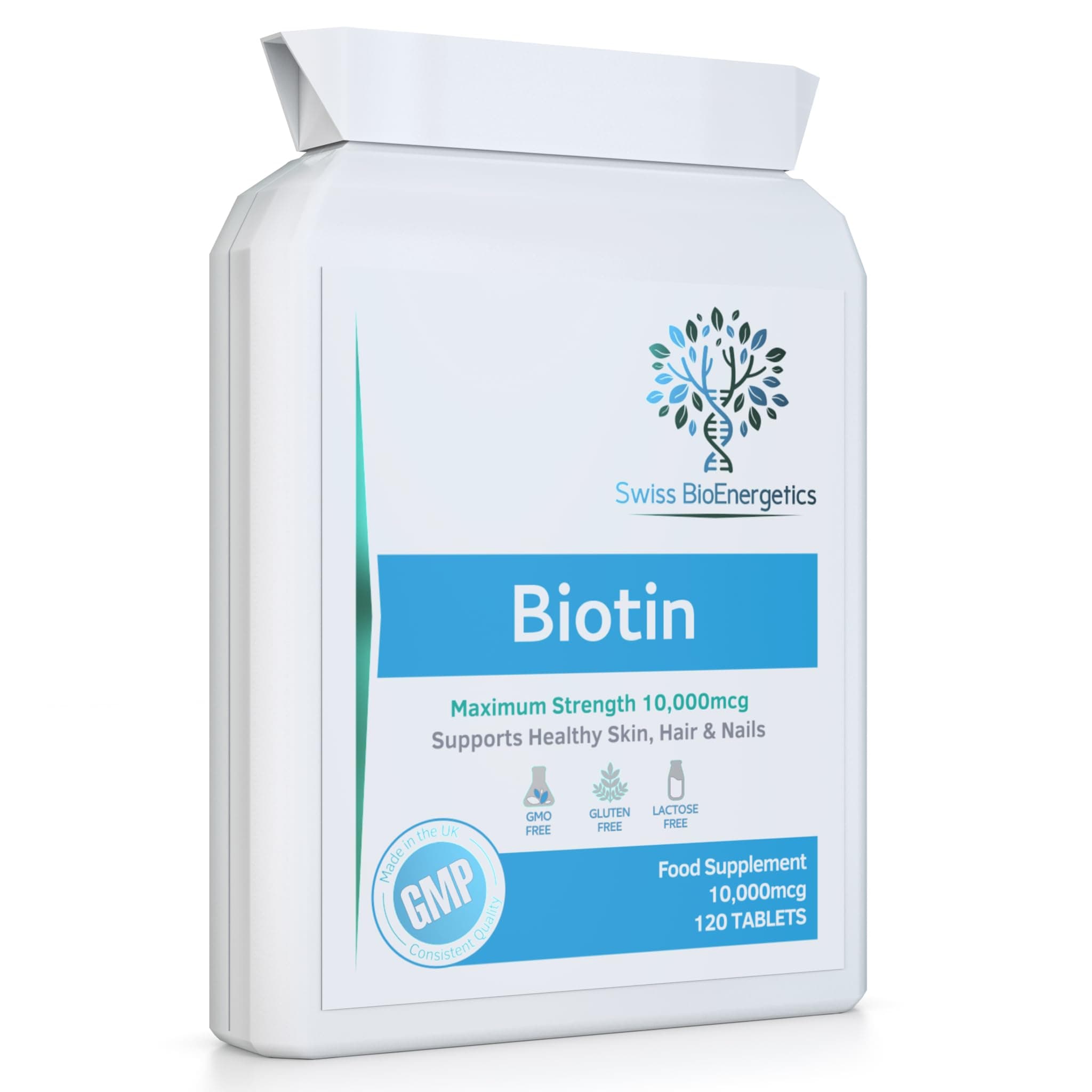 Biotin 10,000 mcg 120 Tablets – Exclusively Maximum Strength D-Biotin, The only Natural Form with Full Vitamin B7 Activity - Support for Healthy Hair Growth, Skin and Nails - UK Made to cGMP Code