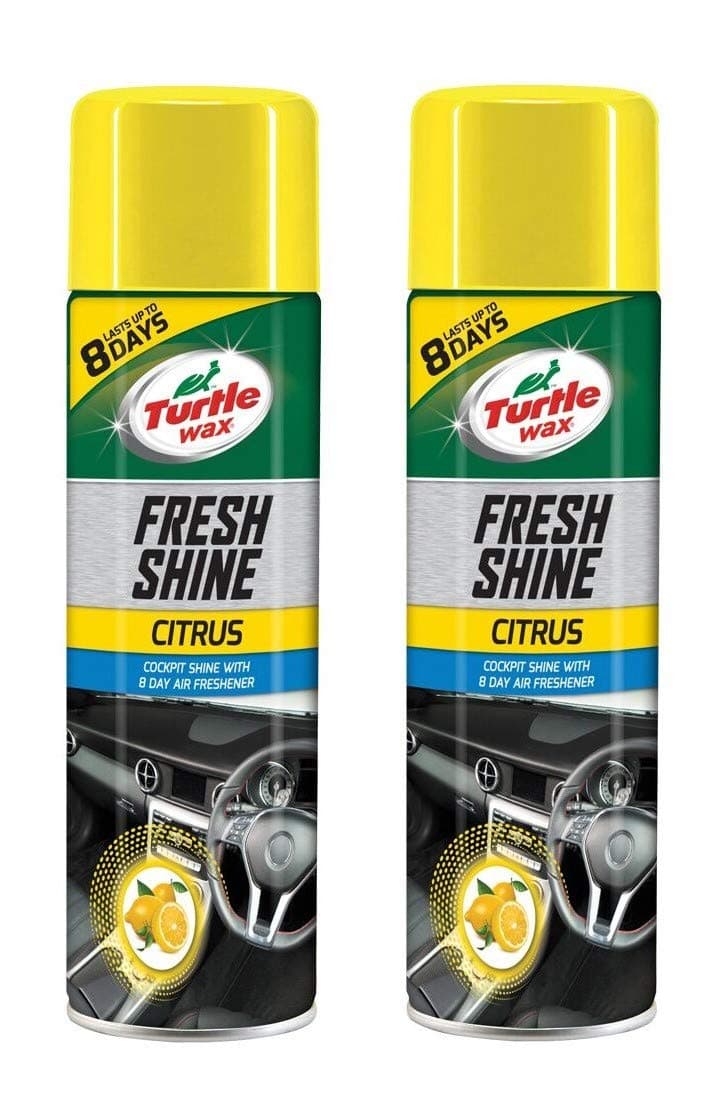 Fresh Shine Interior Plastic & Dashboard Cleaner with Air Freshener Citrus Scent 500ml x2 - Removes Dirt, Dust & Residue from Car Interior Plastic for a Glossy Shine & Fruity Smell