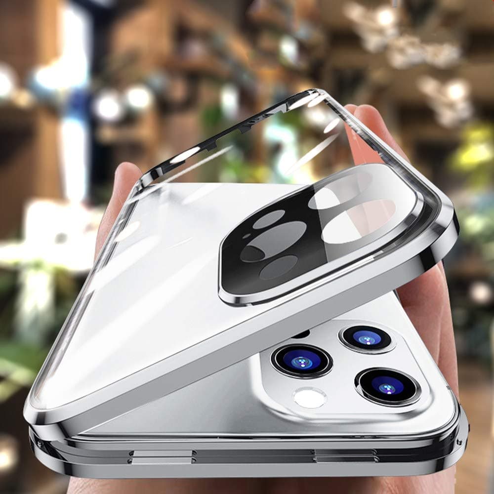 HENGHUI Lockable Case Compatible with iPhone 13 Mini Magnetic Glass Case with Camera Lens Protector Screen Protector Safety Lock 360 Full Body Glass Clear Bumper Cover (Silver)