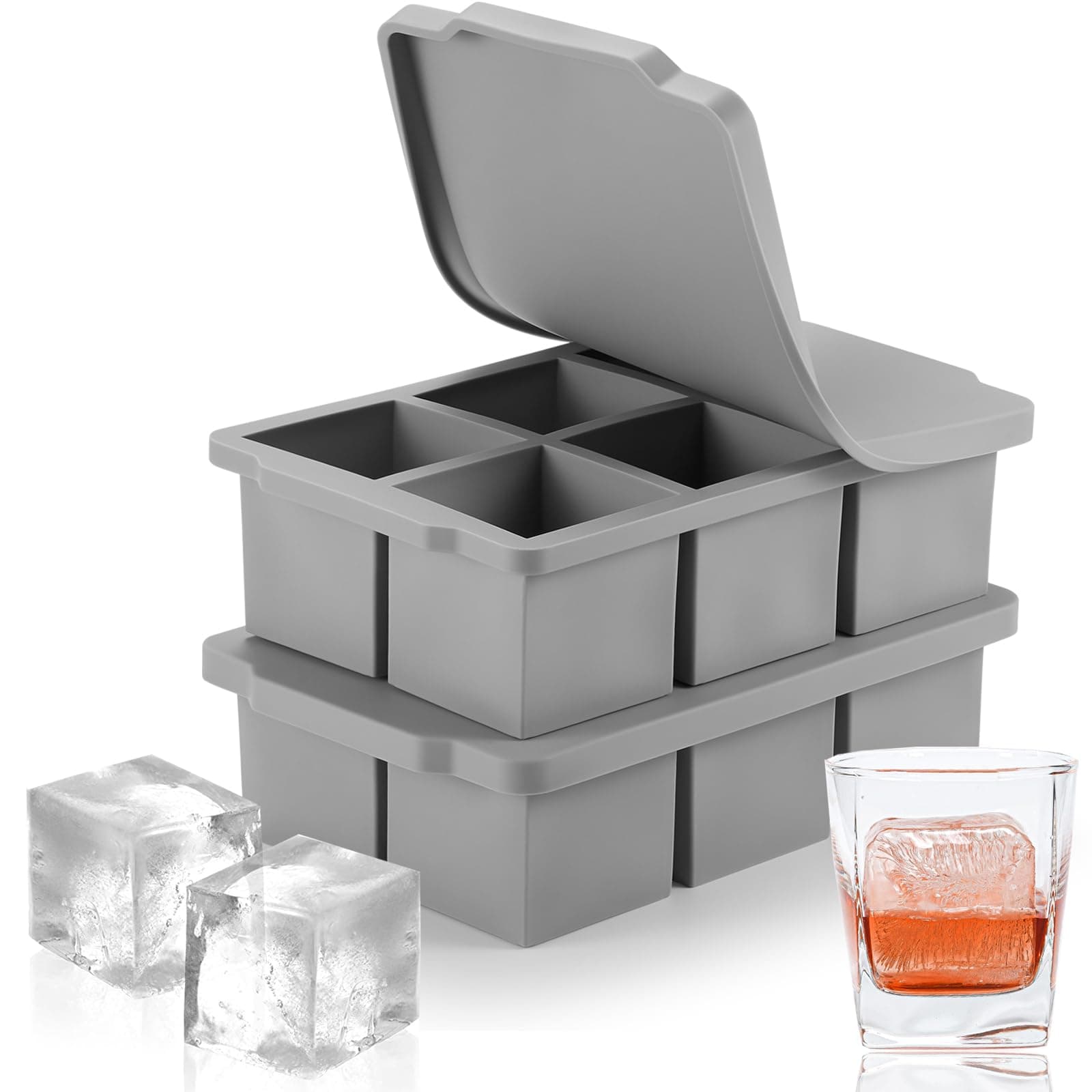 Large Square Ice Cube Tray with lid 2 Pack, Big Block Ice Cube 2 Inch,Easy Release Silicone Ice Cube Tray and BPA Free for Whiskey, Cocktail, Stackable Flexible Safe Ice Cubes