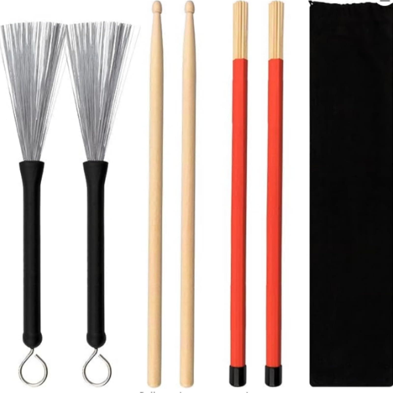 URlighting Drum Sticks Set - 1 Pair 5A Drum Sticks,1 Pair Drum Rod Brushes Sticks,1 Pair Drum Wire Brushes with Storage Bag for Kids, Adults, Rock Band, Jazz Folk, Students