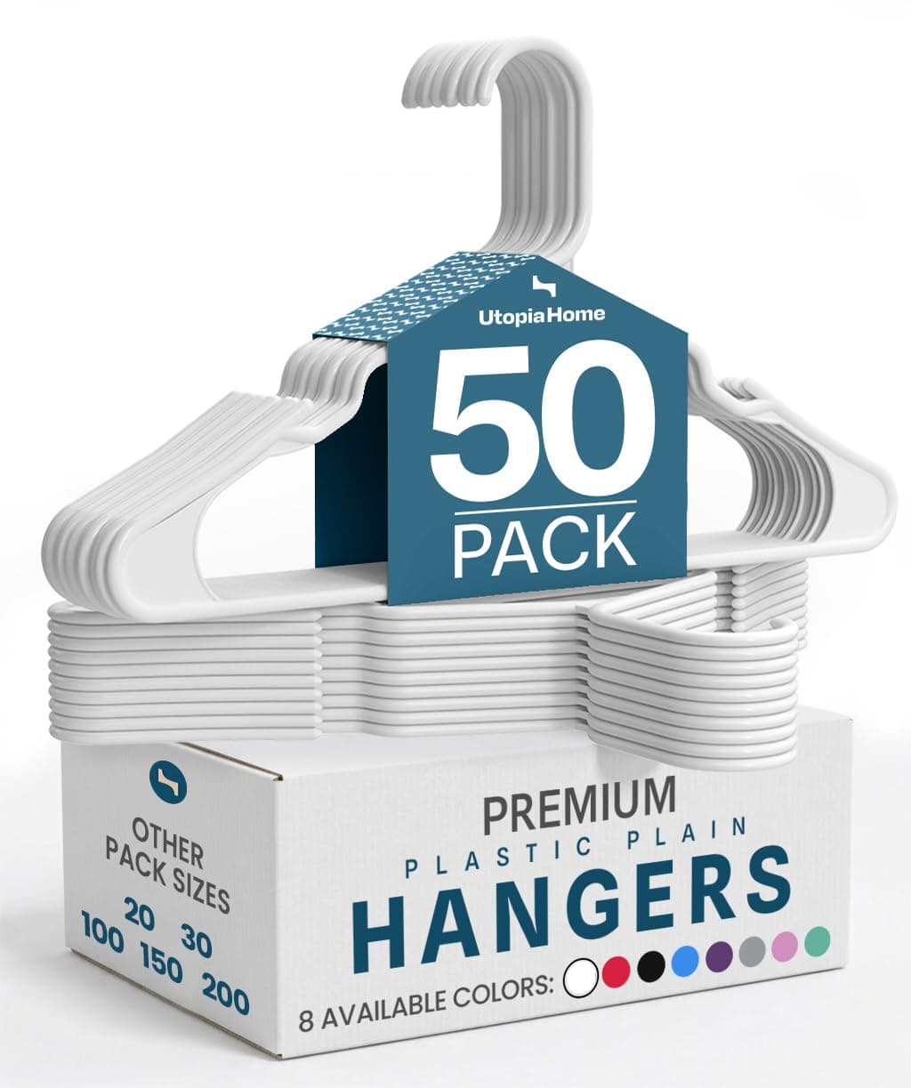 Utopia Home White Plastic Standard Hangers for Clothes 50-Pack Heavy Duty and Space Saving Notched Hangers