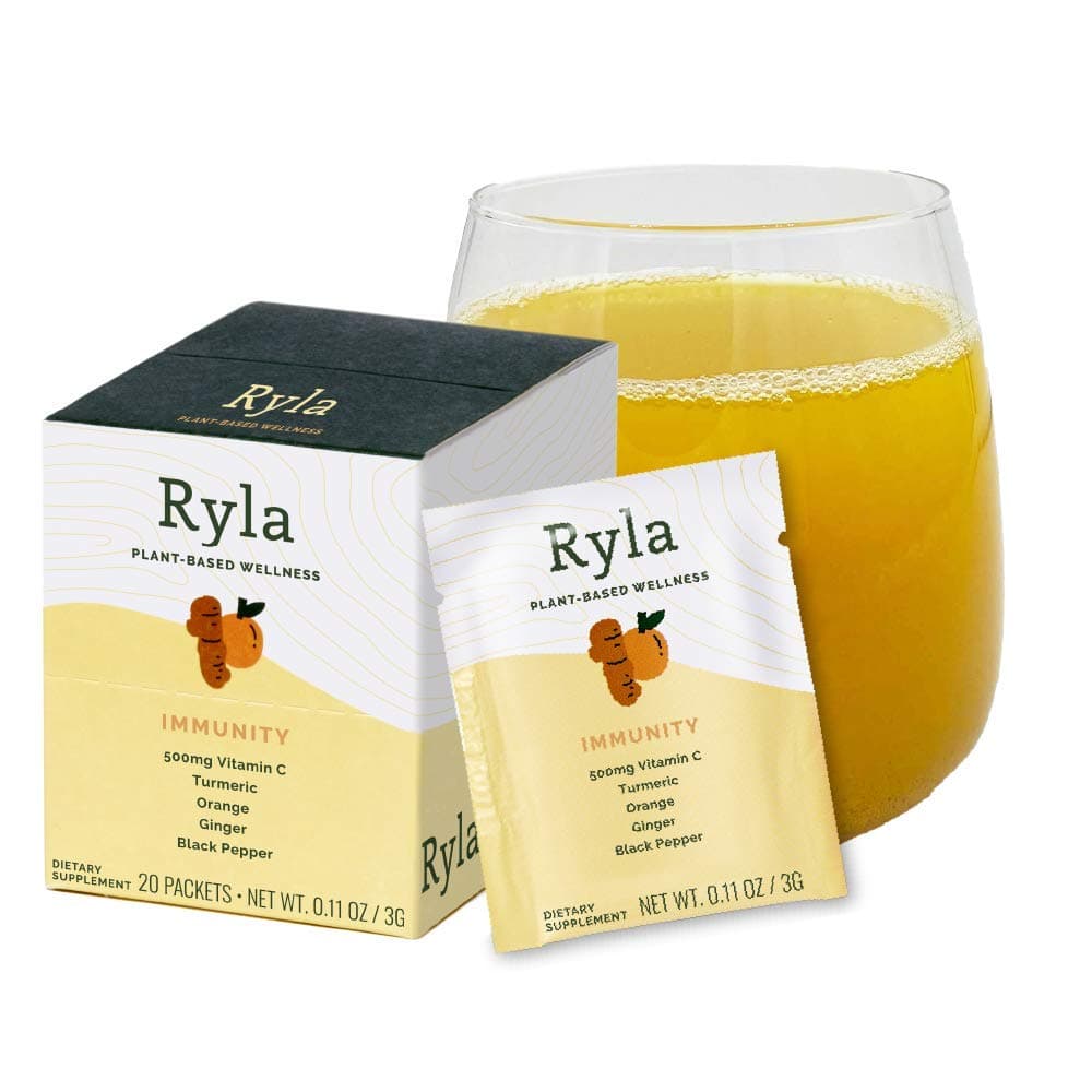 Turmeric Orange Ginger Black Pepper Plant Based Immunity Support Blend by Ryla - Superfood Juice Shot Powder, Vitamin C 500mg, Juice Cleanse Alternative, Travel Friendly - 20 Single Serving Packets