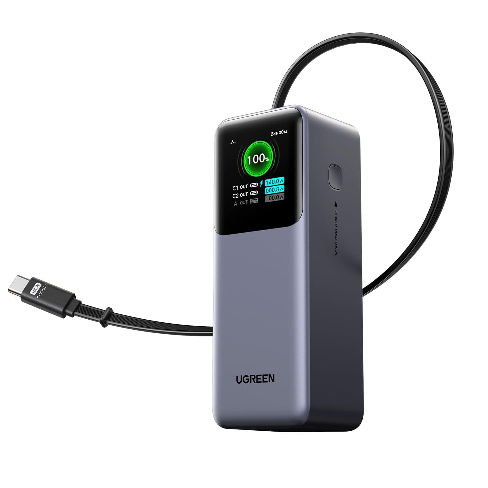 Ugreen PB726 Nexode Retractable USB-C Cable Built-in Mobile Battery (20,000 mAh/165 W), Supports Rapid Charging for Laptops, Supports PD, PPS, 5A Specifications, Equipped with TFT Display, Pass-Through/Low Current Modes, PSE Technology Standards Compliant, MacBook PD Compatible, Windows PC, iPad iPhone 17, Galaxy, Android Smartphones, Laptops