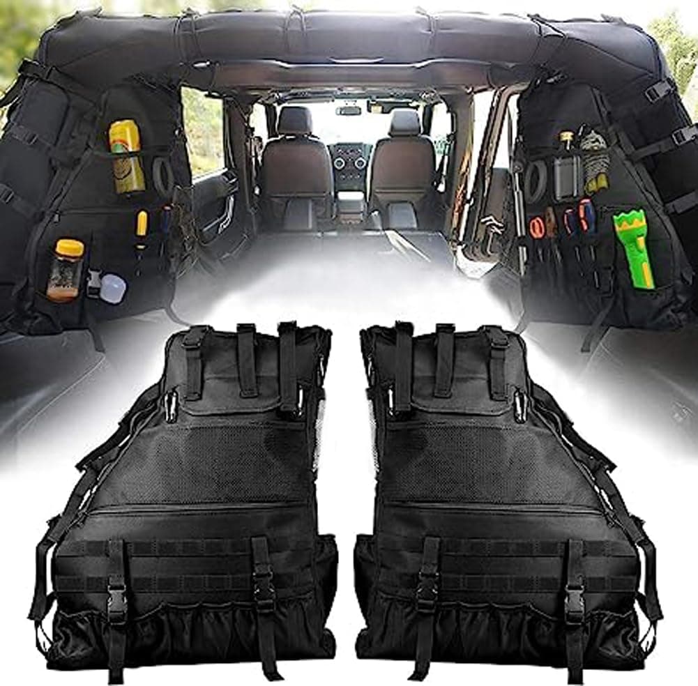 DEONG Roll Bar Storage Bag Cargo Cage for 2007-2024 Jeep Wrangler JK TJ LJ & Unlimited JL 2/4-Door with Multi-Pockets & Organizers & Cargo Bag Saddlebag Tool Kit (Pack of 2)