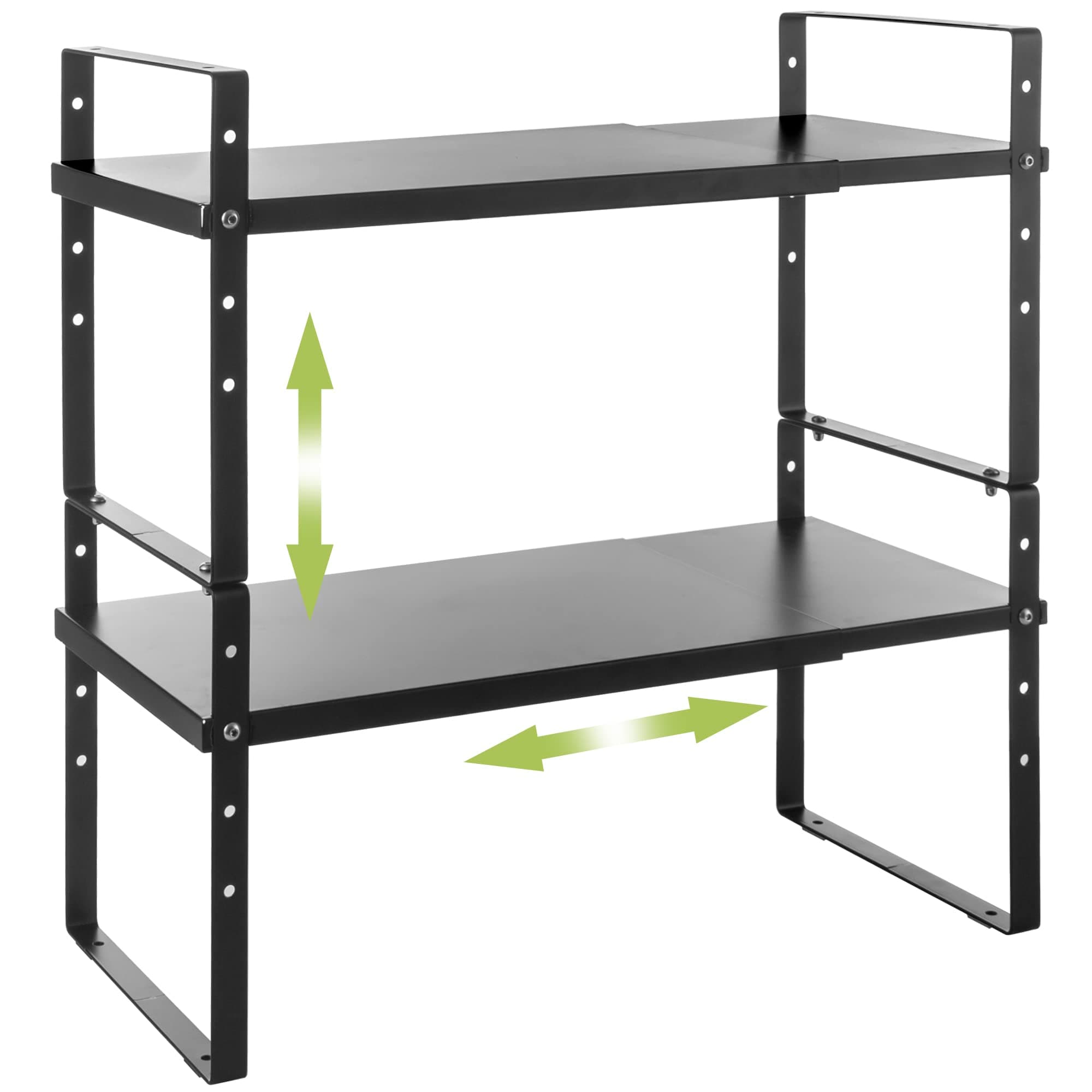 Expandable Cabinet Shelf Organizer Rack, Stackable Kitchen Countertop Organizer Storage Shelves, Adjustable Height Pantry Counter Shelf Riser Spice Rack (Black, 2 Pack)