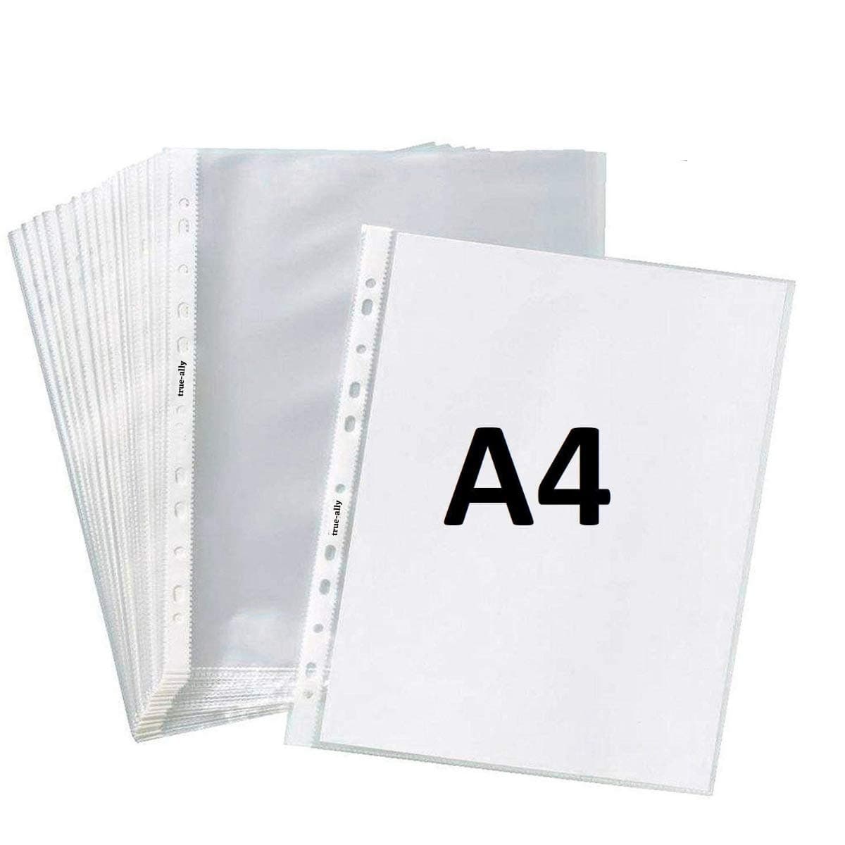 True-Ally Heavy Duty 50 Pcs 200 Micron Transparent Document Sleeves, Leaf Sheet Clear Certificates, Waterproof Sheet Protectors 11 Holes Punched Ring Files Folder (A4 Size) (50 Sheets - 200 Micron)
