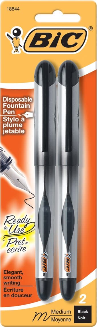 BIC Disposable Fountain Pen, 2 Pack, Medium Point, Black Ink (FPDP21 BLACK)