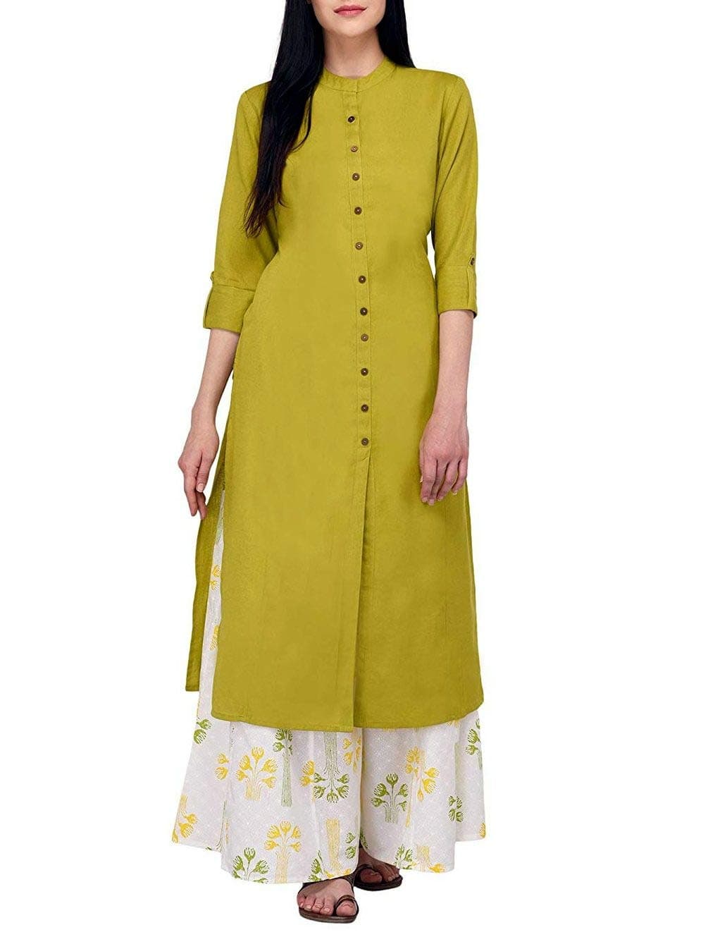 Women's Pure Cotton Plain Tunic Top Front Slit 3/4 Sleeves Roll-UP Chinese Neck Buttons Down Pocket Long Kurti Kurta