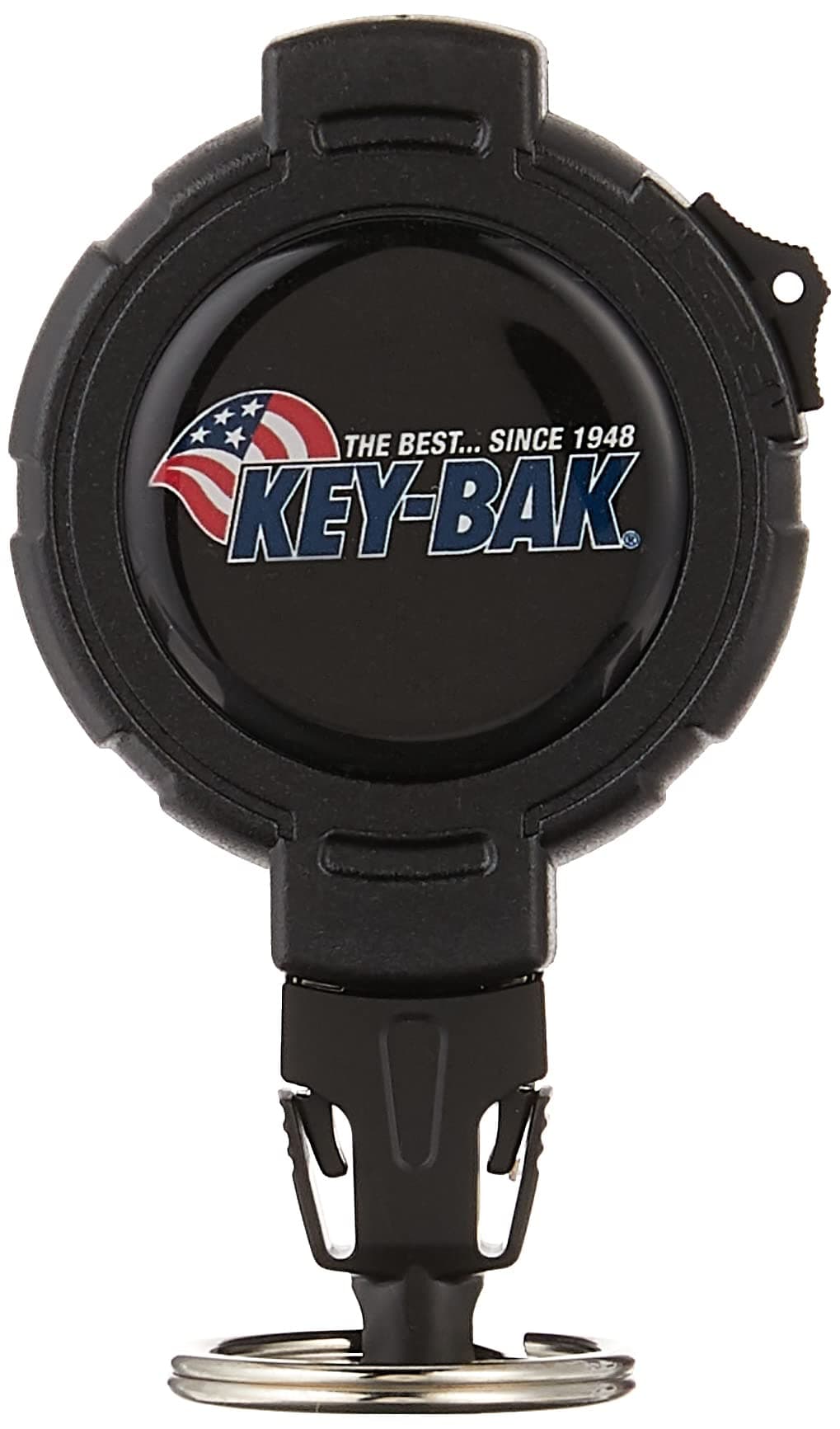 KEY-BAK LOCK48 Locking Retractable Key Holder with 48" Kevlar Cord, Retraction Lock, Stainless Steel Swivel Belt Clip, Black