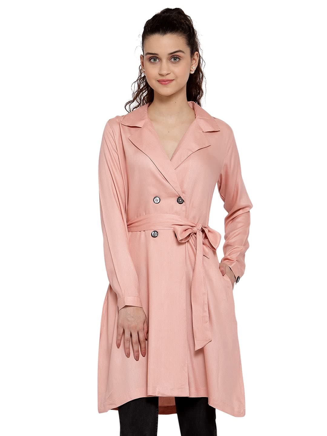 Style QuotientWomen Black Solid Double-Breasted Trench Coat