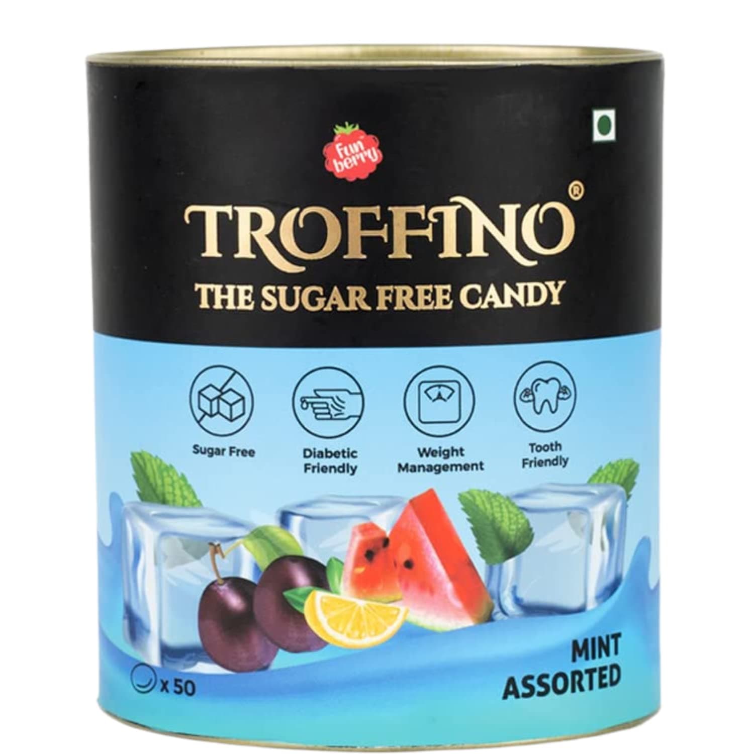 TROFFINO SUGAR FREE Assorted Mint Hard Candy Jar 4 Exciting Mixed Fruit Flavors - Black Cherry, Paan, Watermelon, Fresh Mint - Pack of 1 (50 pcs)