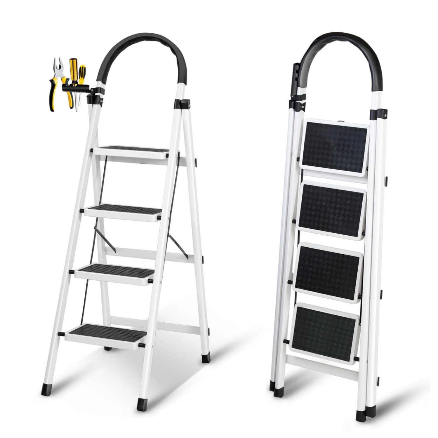 Foldable Ladder 4 Steps, Home Ladder Folding Step Stool with Wide Anti-Slip Pedal, Adults Folding Sturdy Steel Ladder for Home,Kitchen, Garden, Office