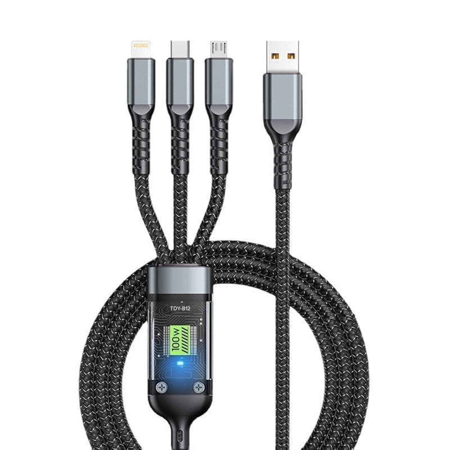 Fast USB Cable Charger, 3-in-1 Multi Charging 100W, Type-C/Micro USB/Lightnning, Compatible with All Devices, Strong and Durable, Black, 1.2 Meters