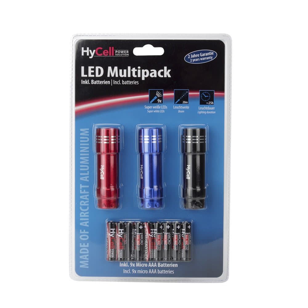 HYCELLTorch Multipack Flashlight with Super Bright LED Including Batteries, Aluminium, Red/Blue/Black