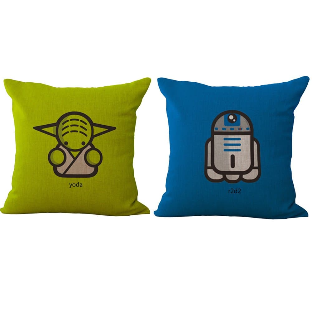 2 Pack Cute Cartoon Q Version Star Wars Yoda Darth Vader Throw Pillow Covers 18x18 Inch Cushion Cover Pillowcase with Zipper Cotton Linen Burlap Square Pillow Cover for Sofa Decor