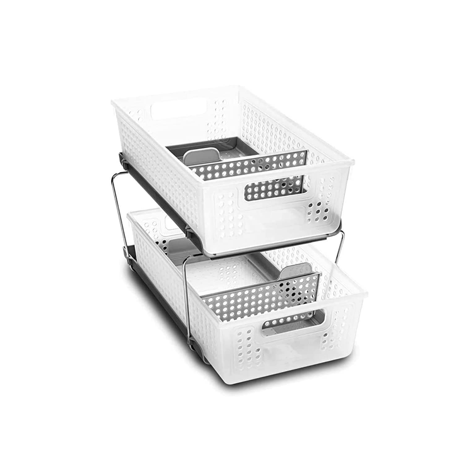 Madesmart 2-Tier Organizer, Multi-Purpose Slide-Out Storage Baskets With Handles And Dividers, Frost