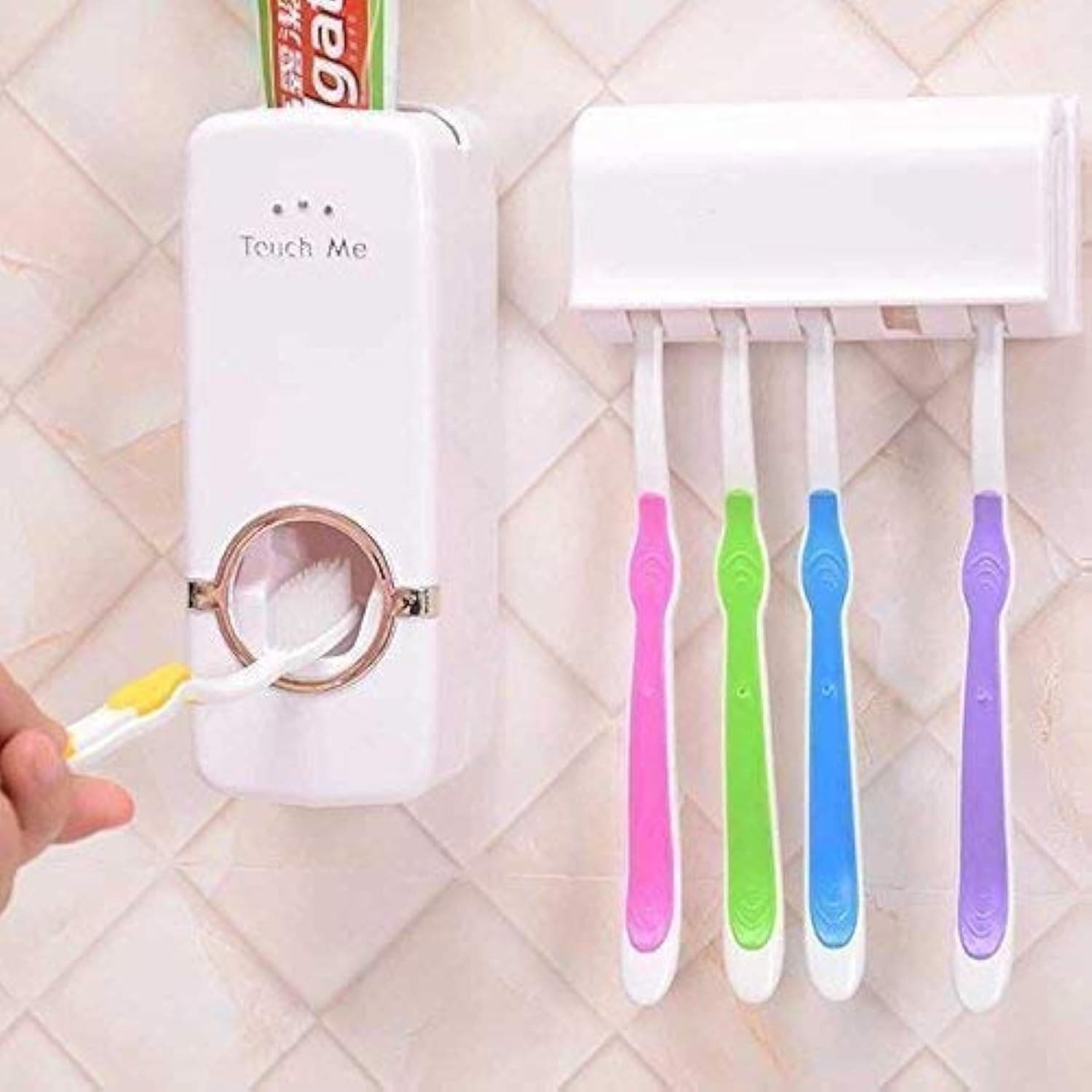 - Hands Free Wall Mounted Plastic Dust Proof Automatic Toothpaste Dispenser and Detachable Hole 5 Toothbrush Holder, White