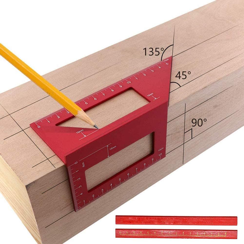 3D Mitre Angle Measuring Tool, Aluminum Measuring Square Ruler, T Shape Woodworking Ruler for Saddle Layout, Multifuction 45/90°Angle Measure Tool for Carpenters with 2 Pencils(Red)