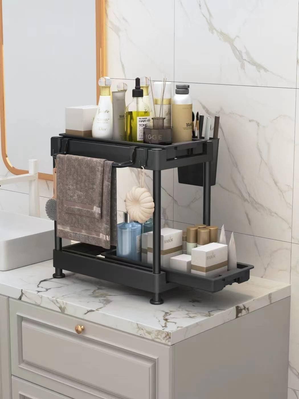HomeGenic Under Sink Organizer, Double Sliding Pull-out Shelf, Countertop Organizer, Multi-purpose Bathroom Organizer, Kitchen Organizer Storage Rack (Black).