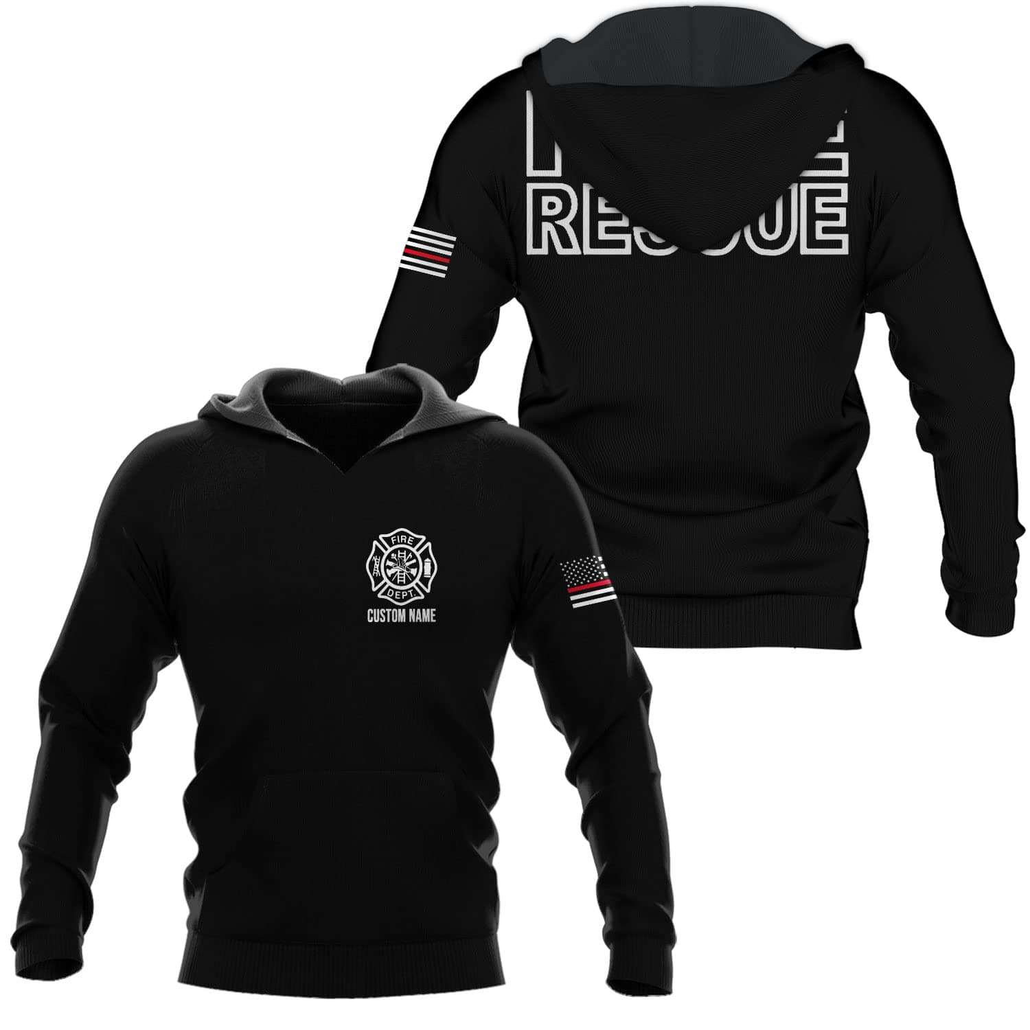 CustomPersonalized Name Firefighter Patriotic Thin Red Line Firefighter USA Flag Hoodie for Men and Women Full Size S-5XL