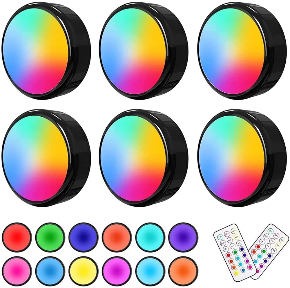 Beauenty 6 Packs LED Puck Lights with Remote Control, Wireless Motion Sensor Lights Battery Operated, 13 Color RGB LED Under Cabinet Lighting, Dimmable Closet Light