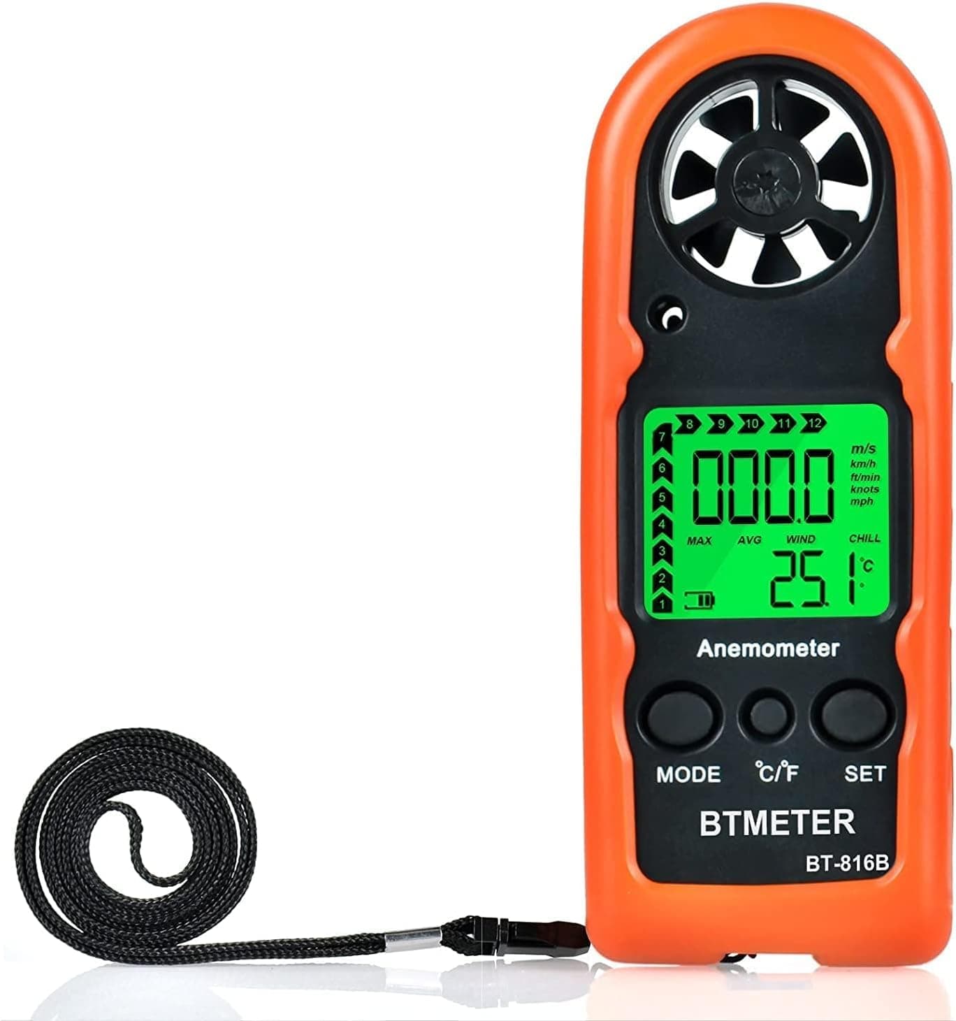 Anemometer Handheld Wind Speed Meter, BT-816B Mini Digital Air Flow Meter with LCD Backlight/Wind Chill & Temp, Max/Avg/Current Mode to Measure Air Flow Velocity for Sailing Drone Golf HVAC