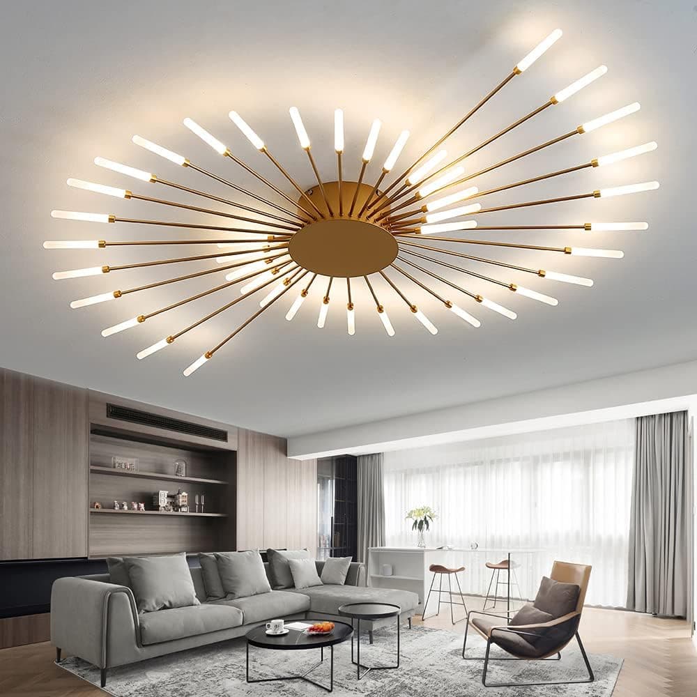 JAYMP 50.4" Ceiling Light Modern Flower Shape Ceiling Lamp for Living Room Dining Room Flush Mount Metal Acrylic Sputnik Firework Petal LED Lighting Fixture (Matte Gold, 42 Lights)