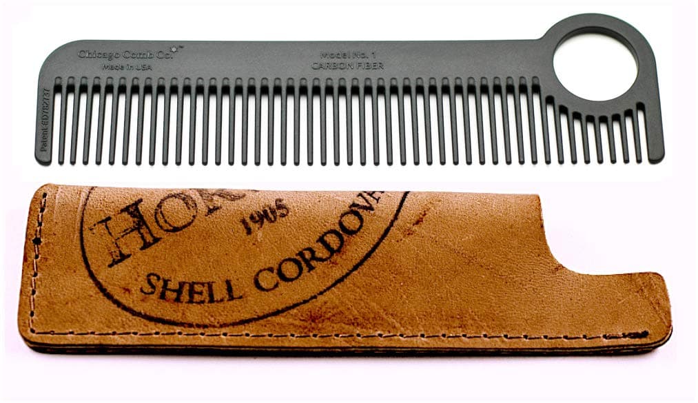 Model 1 Carbon Fiber Comb + Horween Shell Cordovan Color No. 8 sheath, Made in USA, ultimate pocket & travel comb, smooth strong & light, anti-static, premium American leather