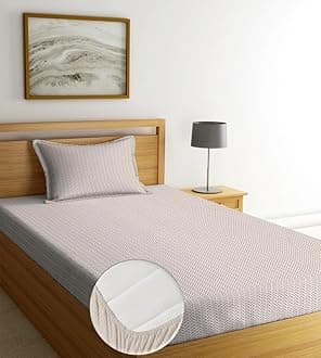 NEW LEAF Pure Cotton Elastic Fitted Bedsheets with 1 King Size Pillow Covers | Single Mattress Bed with All Around Elastic 210tc Supersoft | Size - 72 x 36 +6 inches | Texture, Off White