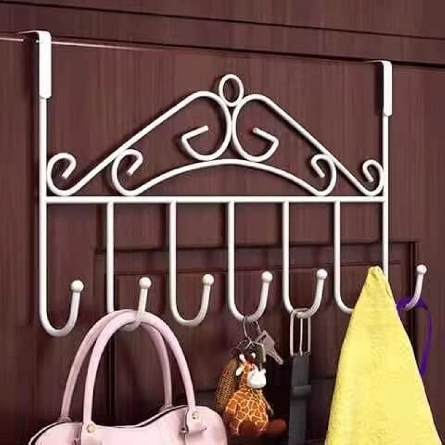LENDIS Coat Rack, Over Door 7 Hook Rack - Decorative Organizer Hooks for Clothes, Coats, Hats, Belts, Towels - Door Hanger for Home or Office (White)
