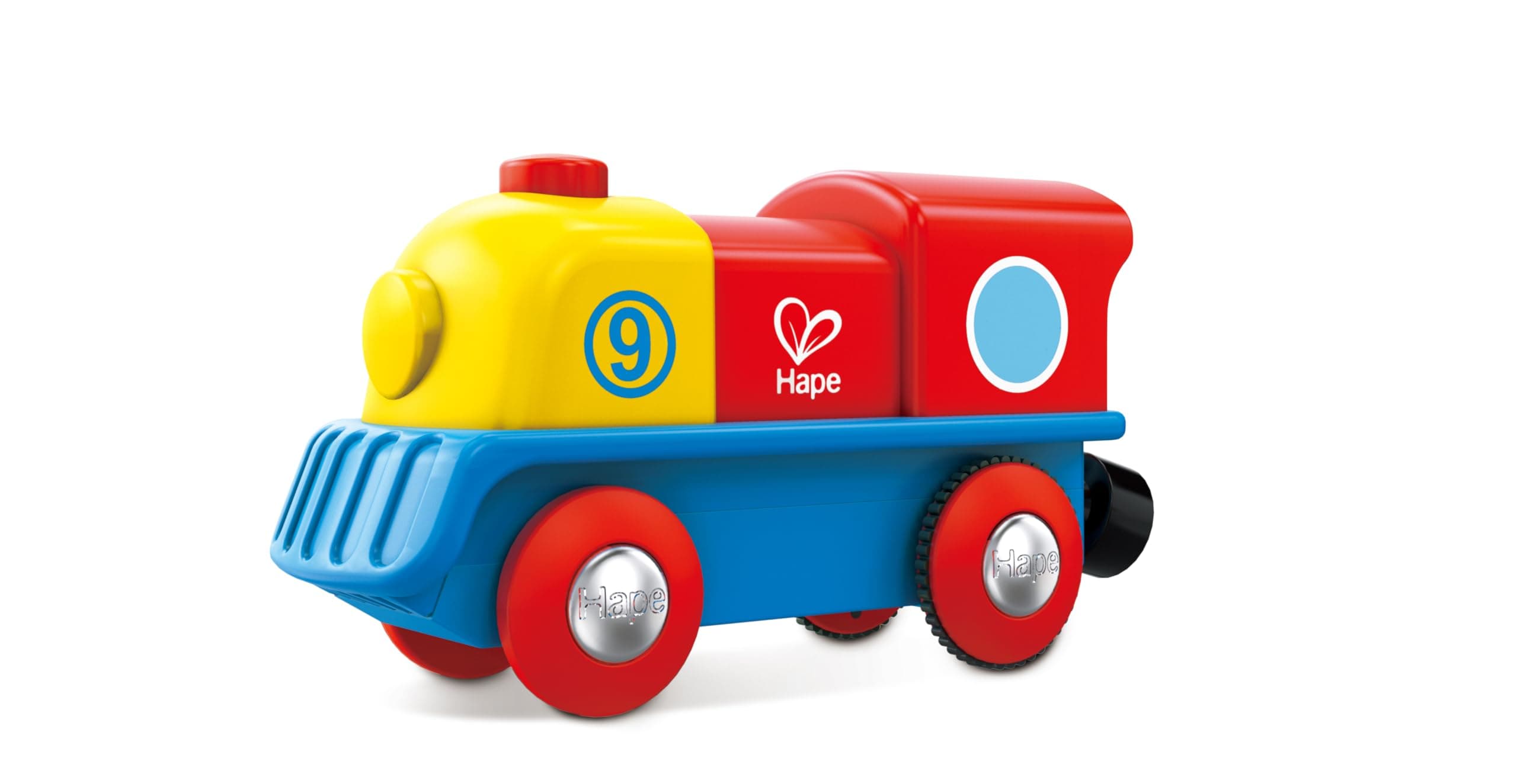 Hape Brave Little Engine | Button-Operated Multi-Coloured Train, Exceptional Battery-Powered Train, Red, Yellow + Blue Finish