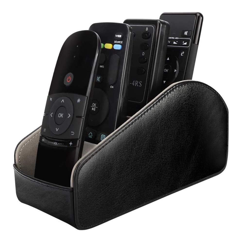 MoKo Leather TV Remote Control Holder, 5-Compartment Desktop Organizer for Controllers, Office Supplies, Media Accessory Storage - Black