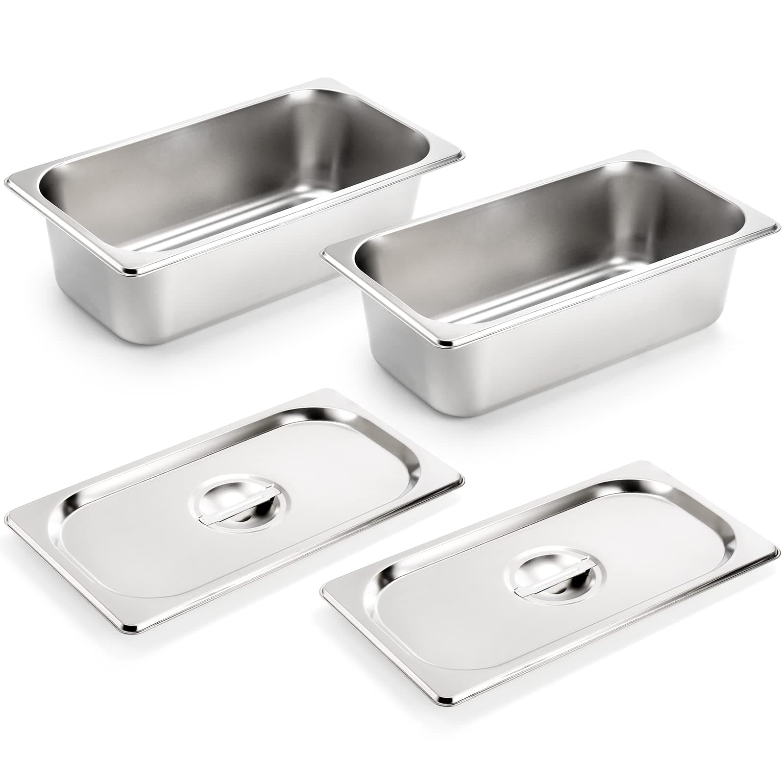 Kingrol 2 Pack 1/3 Size Hotel Pans with Lids, 3-5/8" Depth, 22 Gauge Stainless Steel Counter Pans, Food Service Pans for Kitchen