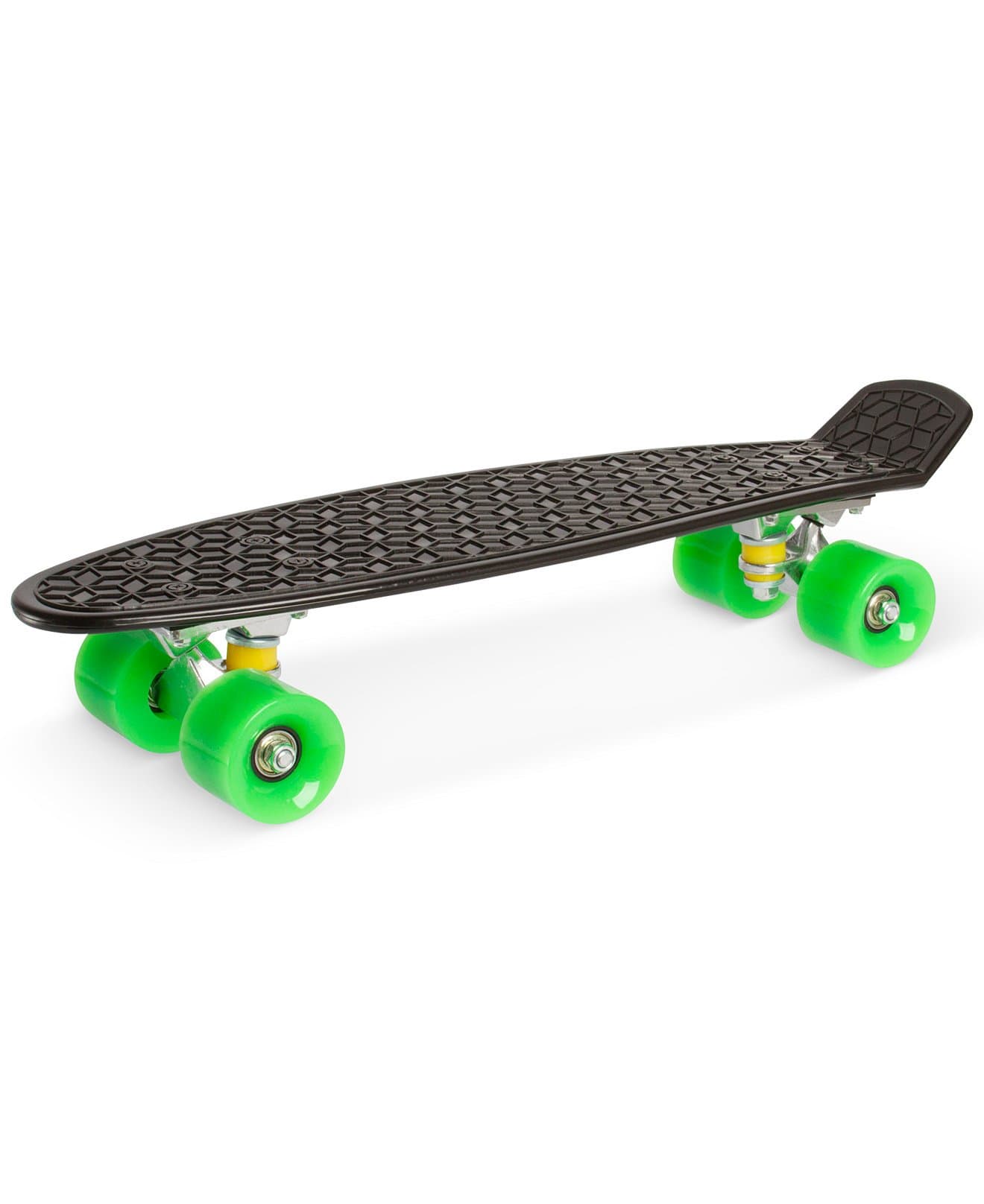 Throwback Skateboard, 21.5" Plastic Deck with Bright Green Tunnel Wheels BLACK