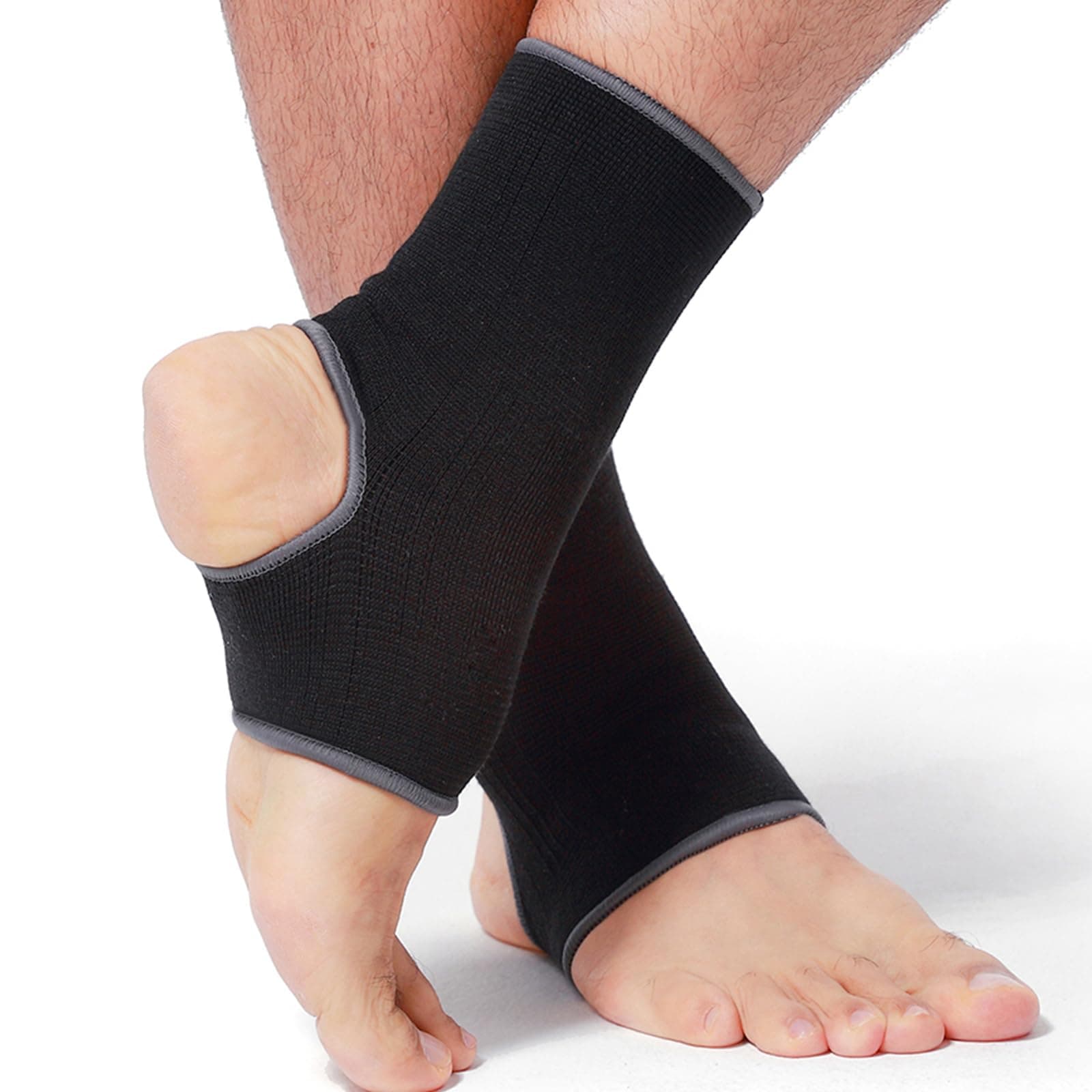 Ankle Support Sleeve - Open Heel, Light, Elastic & Breathable Knitted Fabric - Medium Compression - For Men, Women, Kids - Right or Left Foot (Black Color, Size L, 1 Pair)