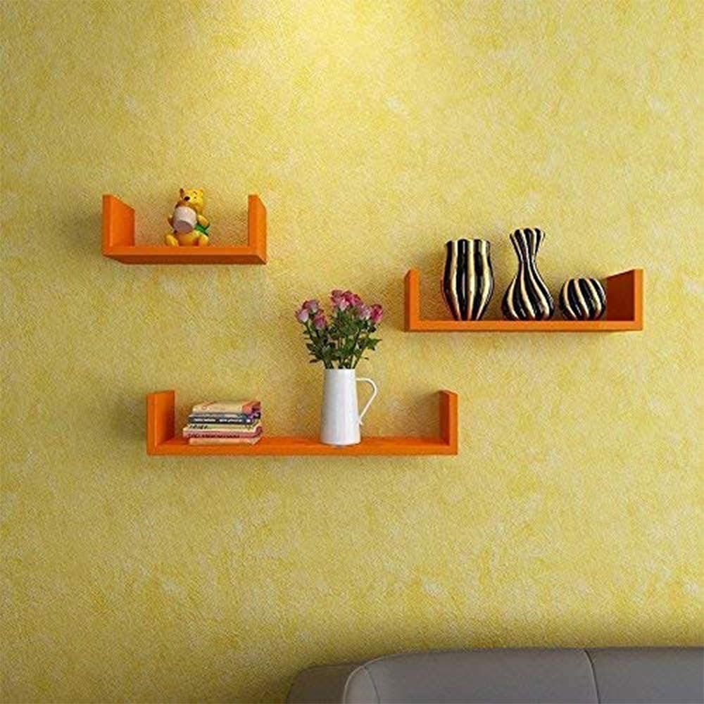 DECORVAIZ U Shape Dazzling Decorative Hanging Floating Wall Mounted Display Shelves for Bedroom & Living Room & Office - Set of 3 ( Orange )