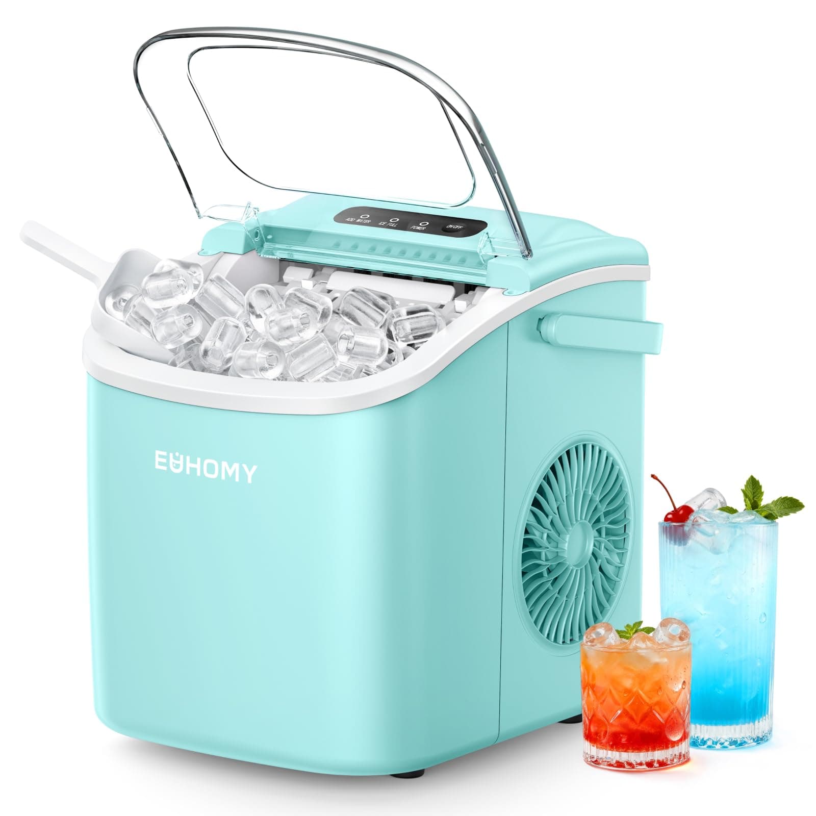 EUHOMY Countertop Ice Maker Machine with Handle, 26lbs Per Day, 9 Ice Cubes Ready in 6 Mins, Auto-Cleaning Portable Ice Maker with Basket and Scoop, for Home/Kitchen/Camping/RV (Green)