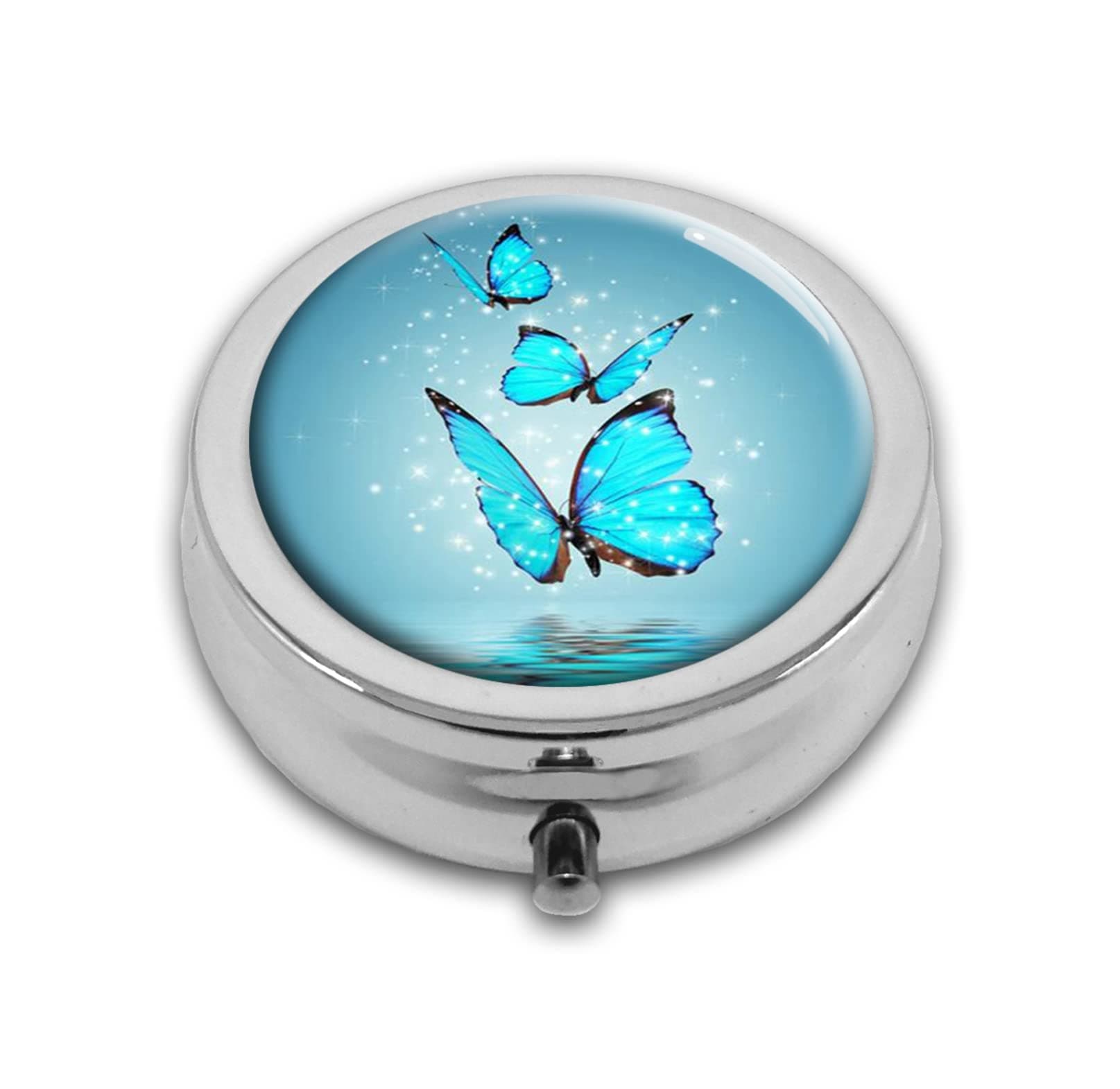Blue Butterfly Water Custom Round Silver Pill Box Pocket 2.1 inches Medicine Tablet Holder Organizer Case for Purse