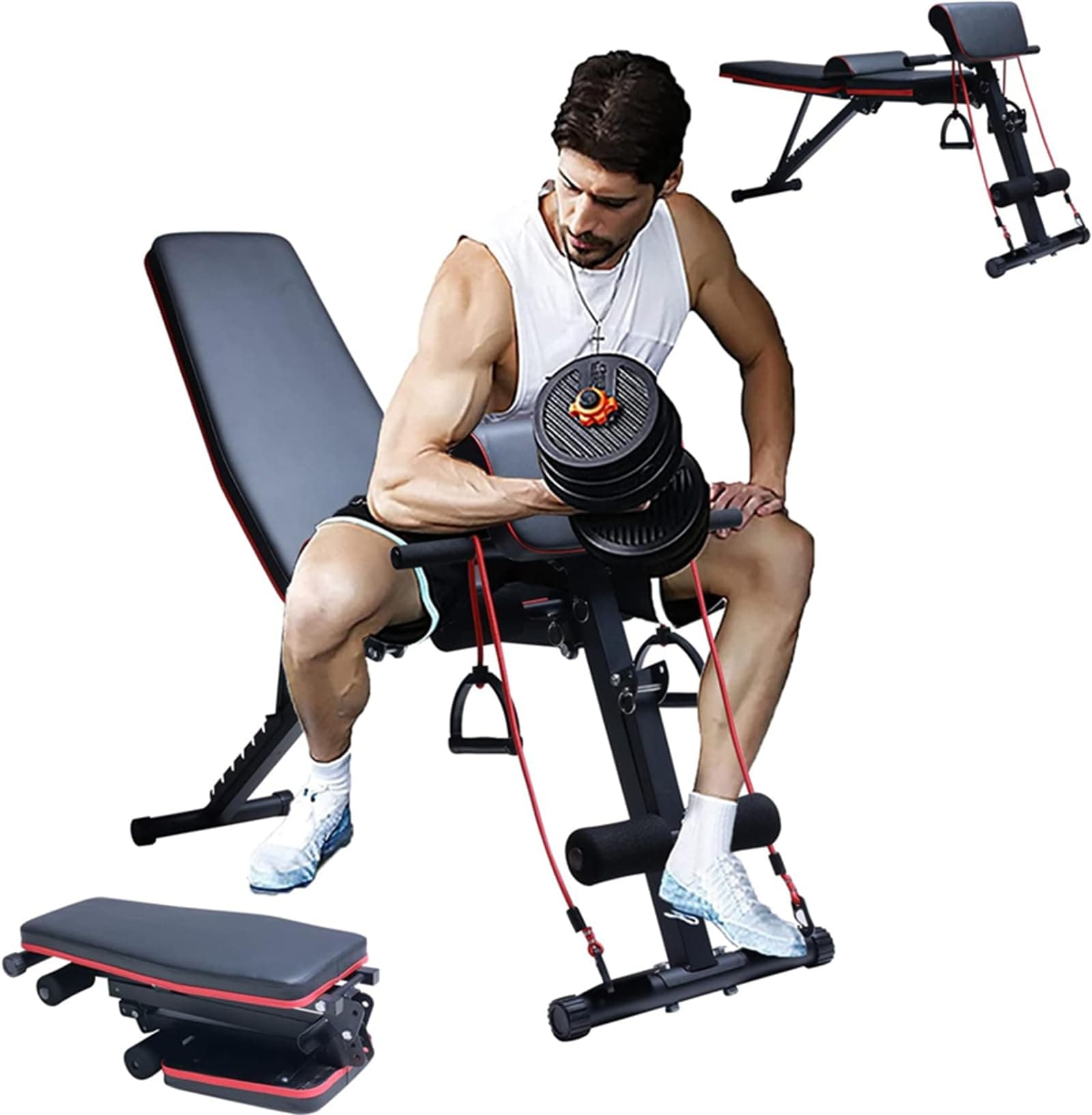 – Adjustable Weight Bench, 7 Position Full Body Strength Training Workout Bench, Multifunctional Gym Strength Training Bench for Full Body Fitness with Elastic Ropes with Elastic Ropes