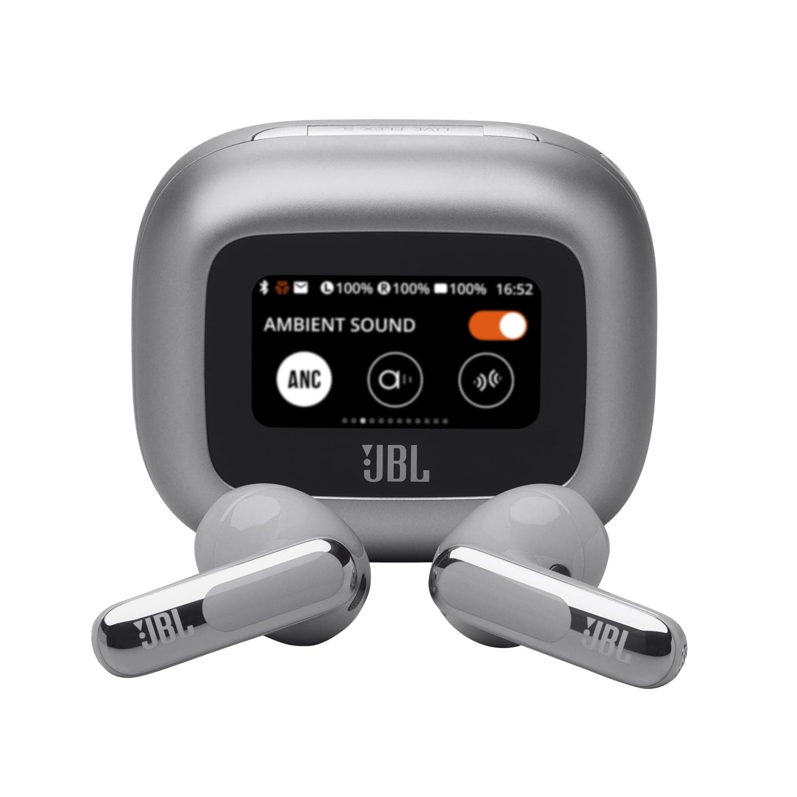 JBL LIVE FLEX 3 True wireless noise-cancelling earbuds with open-stick design and 50 hours total playback plus wireless charging, JBLLIVEFLEX3SIL, Silver