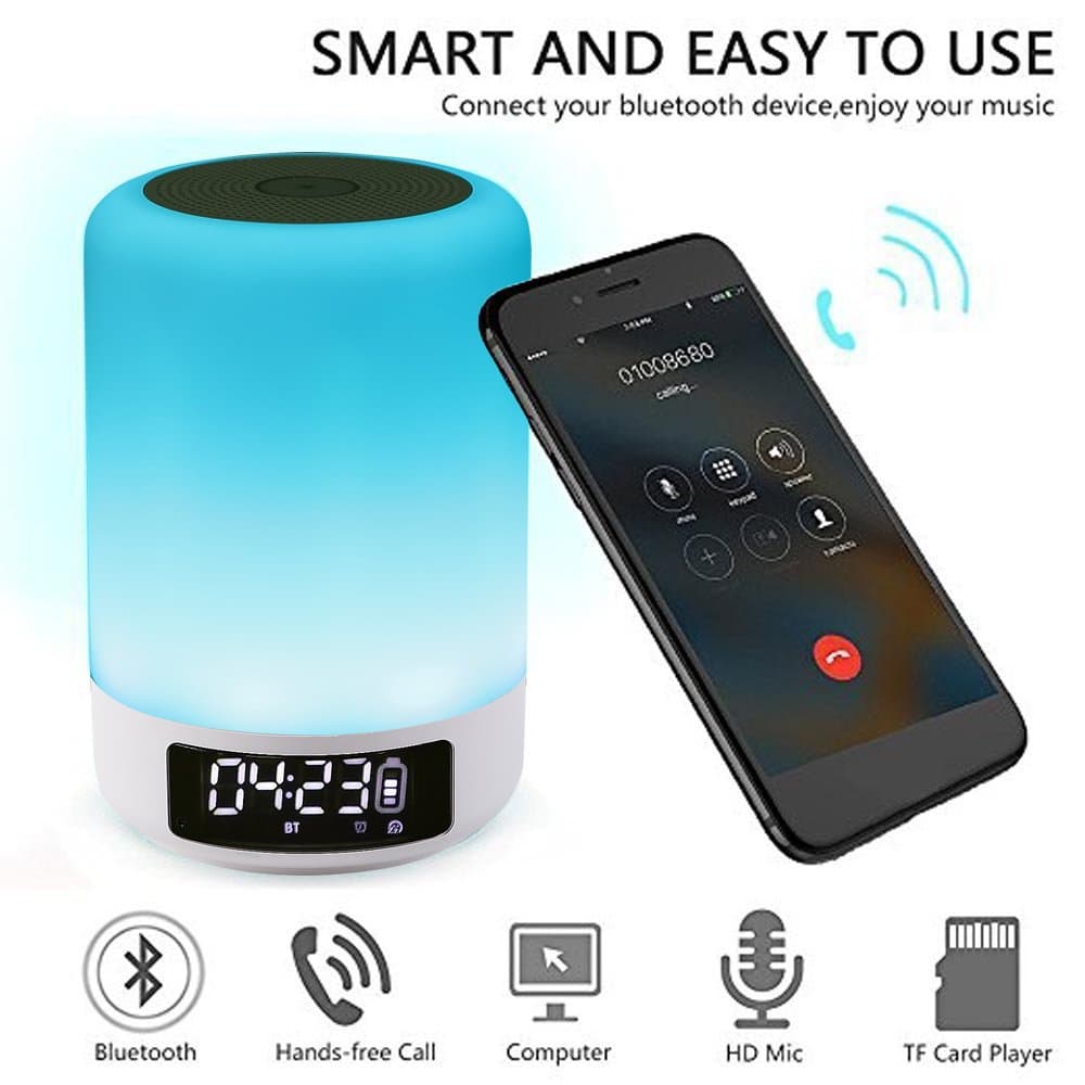 Touch Table Lamp Bedside Night Light, INVENBER LED Bluetooth Speaker+Multicolor Dimmable Night Light+Alarm Clock+Hands-free+Military Time Display+RGB Changing Light Color (White)