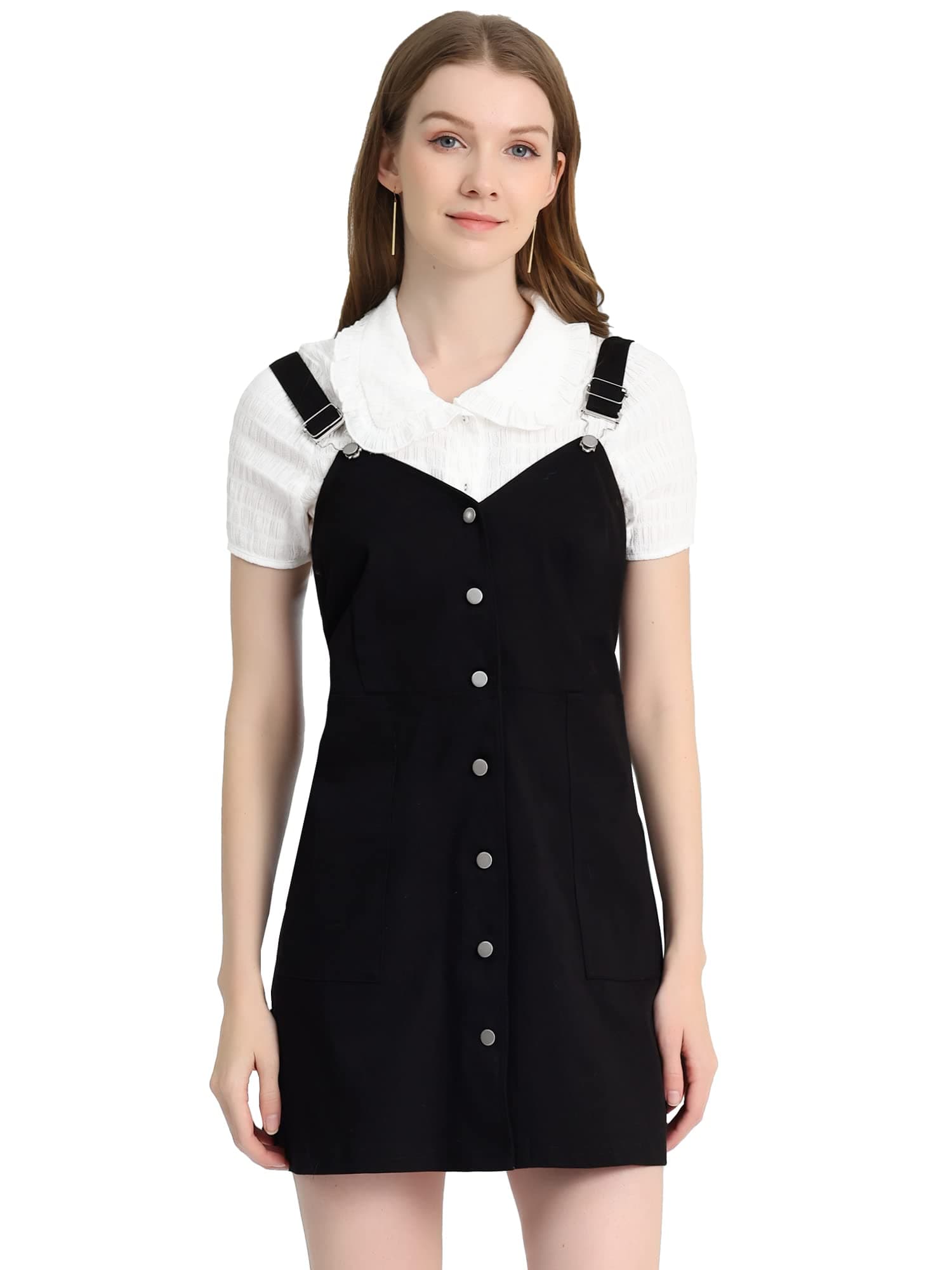 Allegra K Women's Button Down Adjustable Strap Cotton Pinafore Overall Dress with Pockets