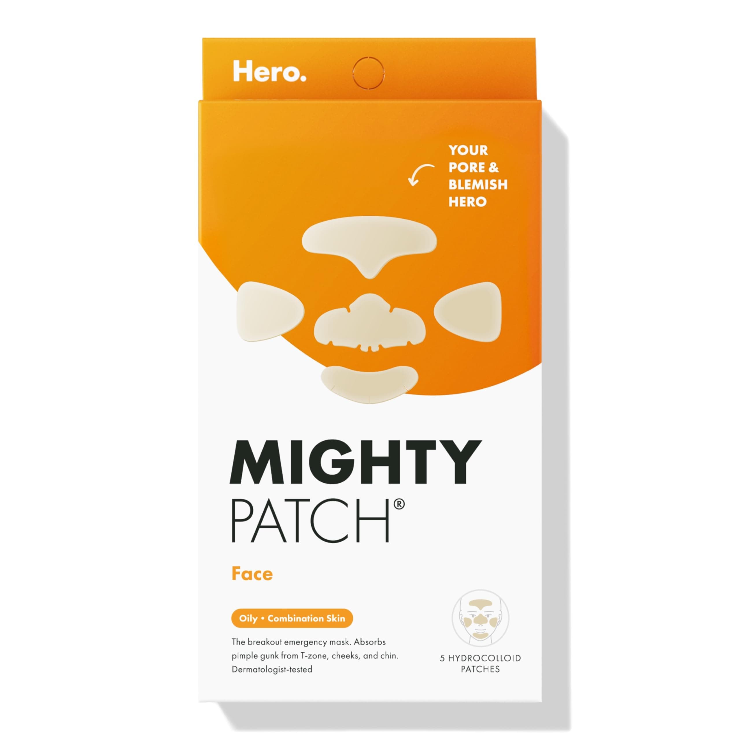 Mighty Patch™ Face Patch from Hero Cosmetics - XL Hydrocolloid Face Mask for Acne, 5 Large Pimple Patches for Zit Breakouts on Nose, Chin, Forehead & Cheeks - Vegan-Friendly (1 Count)