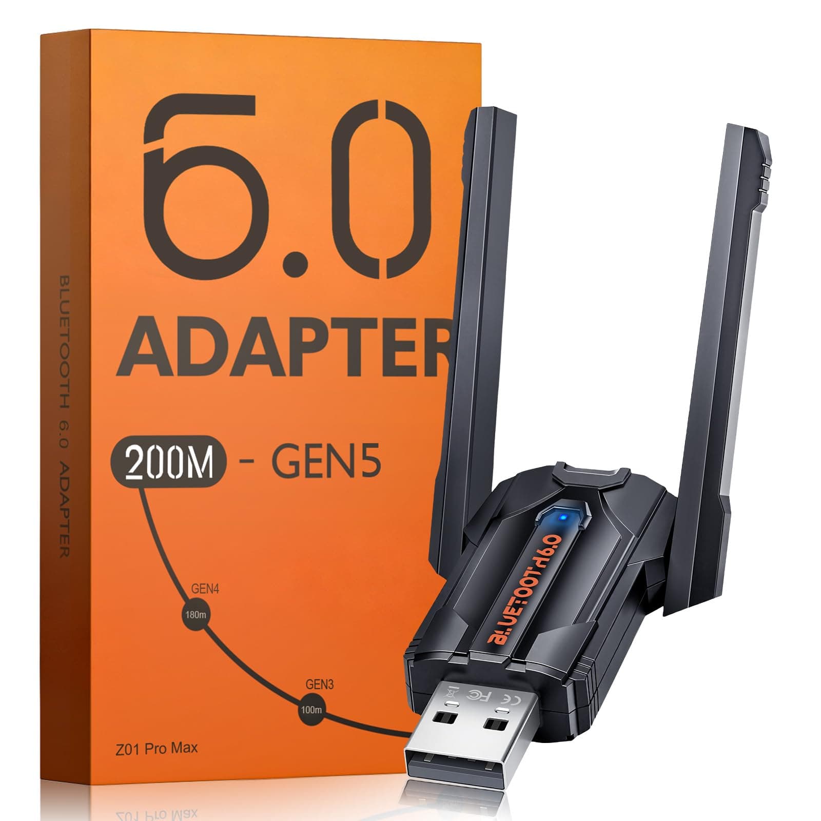 ZEXMTE Long Range 5.4 USB Bluetooth Adapter for PC, USB Bluetooth Dongle with High Gain Antenna, Wireless BT Receiver 590FT, Plug &Play for PC Windows 11/10/8