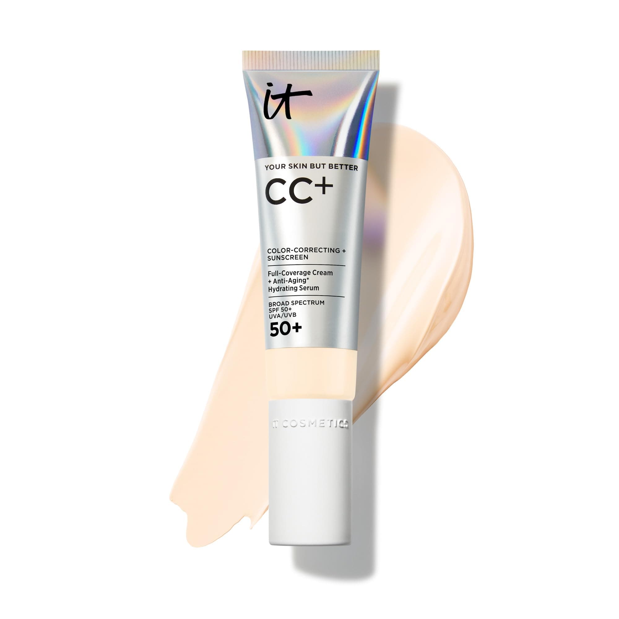 CC+ Cream - Natural Full Coverage Foundation With SPF 50+, Color Corrector & Anti-Aging Hydrating Serum, Hyaluronic Acid + Peptides, Lightweight Up To 24H Wear, All Skin Types