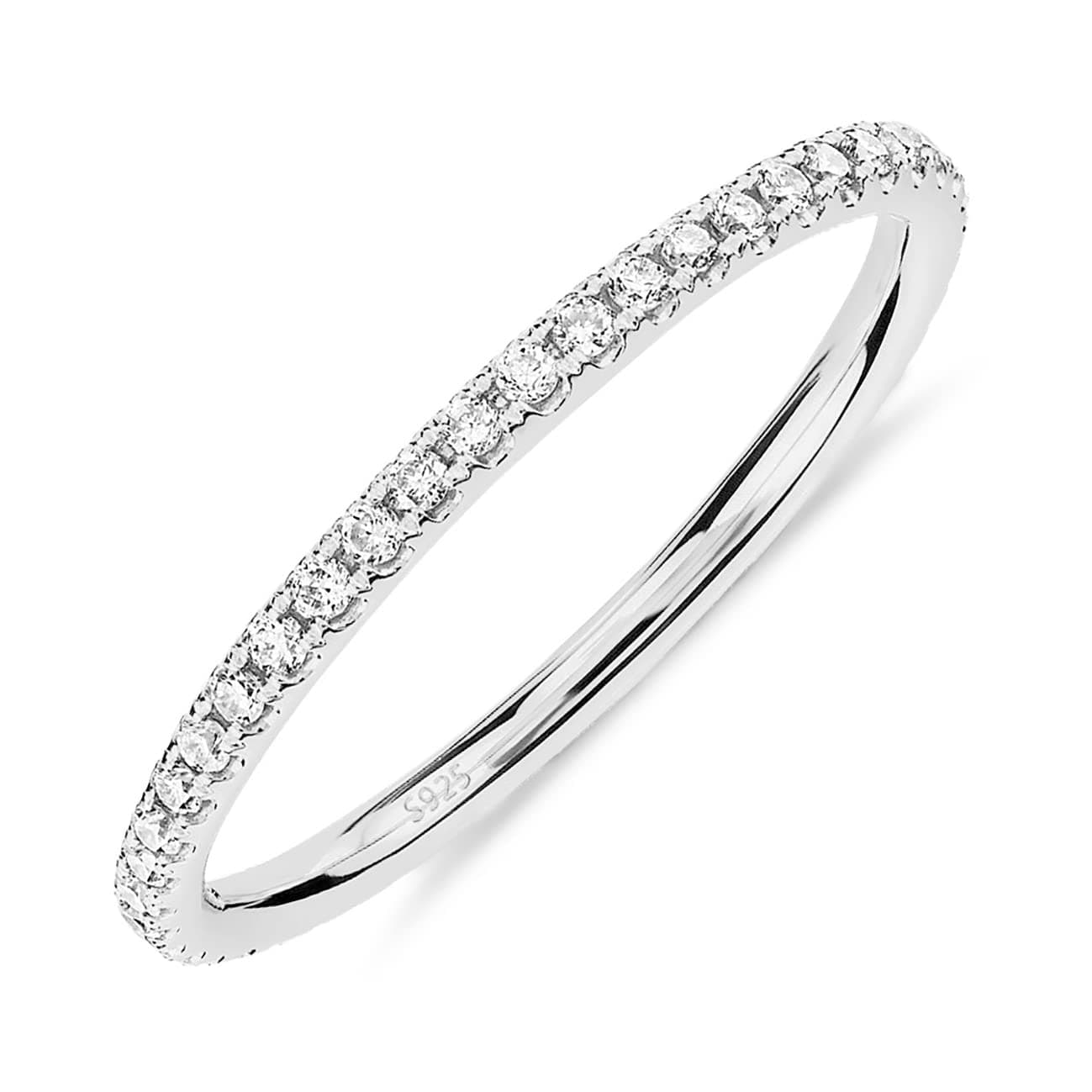 PAVOI 14K Gold Plated Solid 925 Sterling Silver CZ Simulated Diamond Stackable Ring Eternity Band for Women, 6, White Gold, Cubic Zirconia