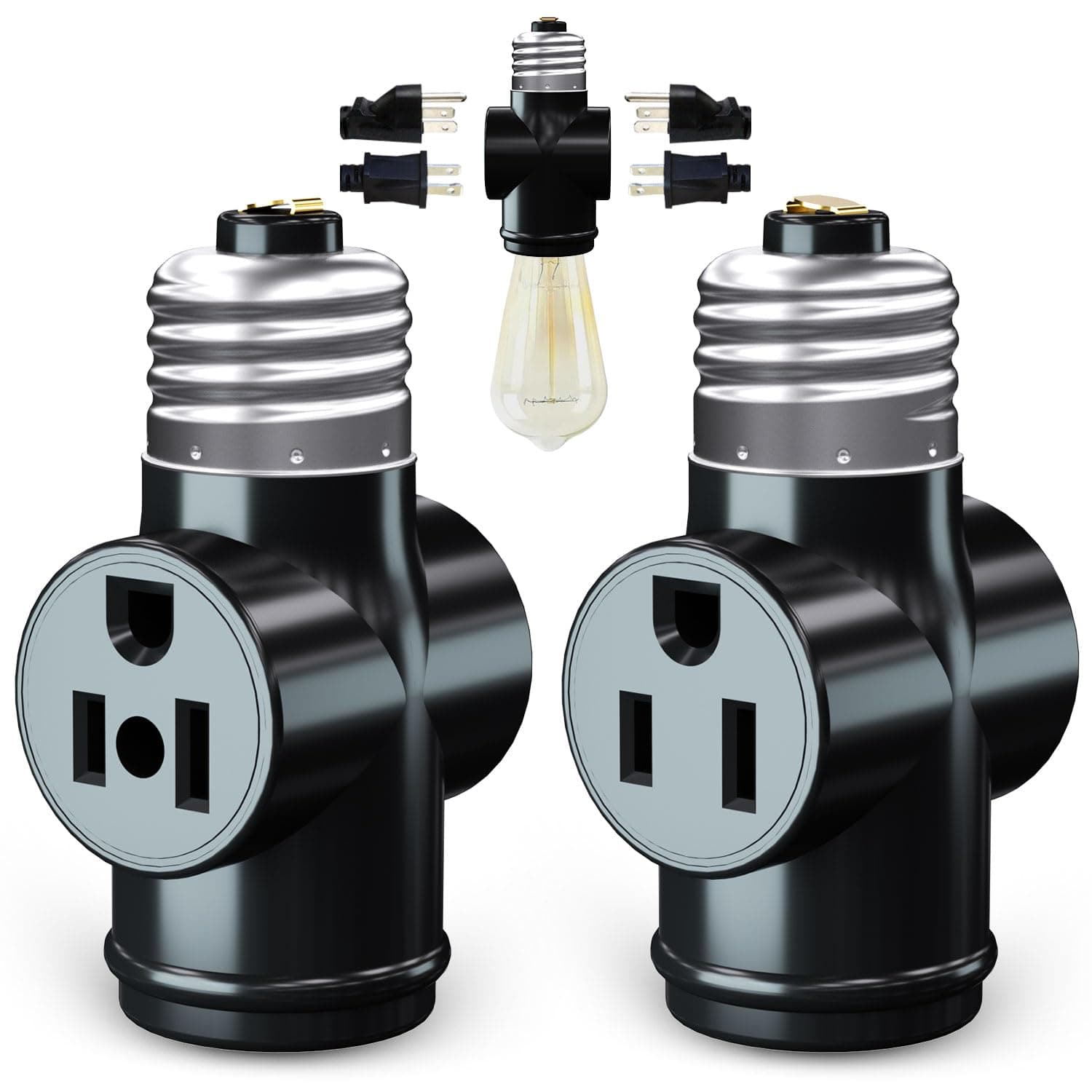 Light Socket to Socket Adapter, E26 Light Socket, Light Socket Adapter, 2 Pack (Black)