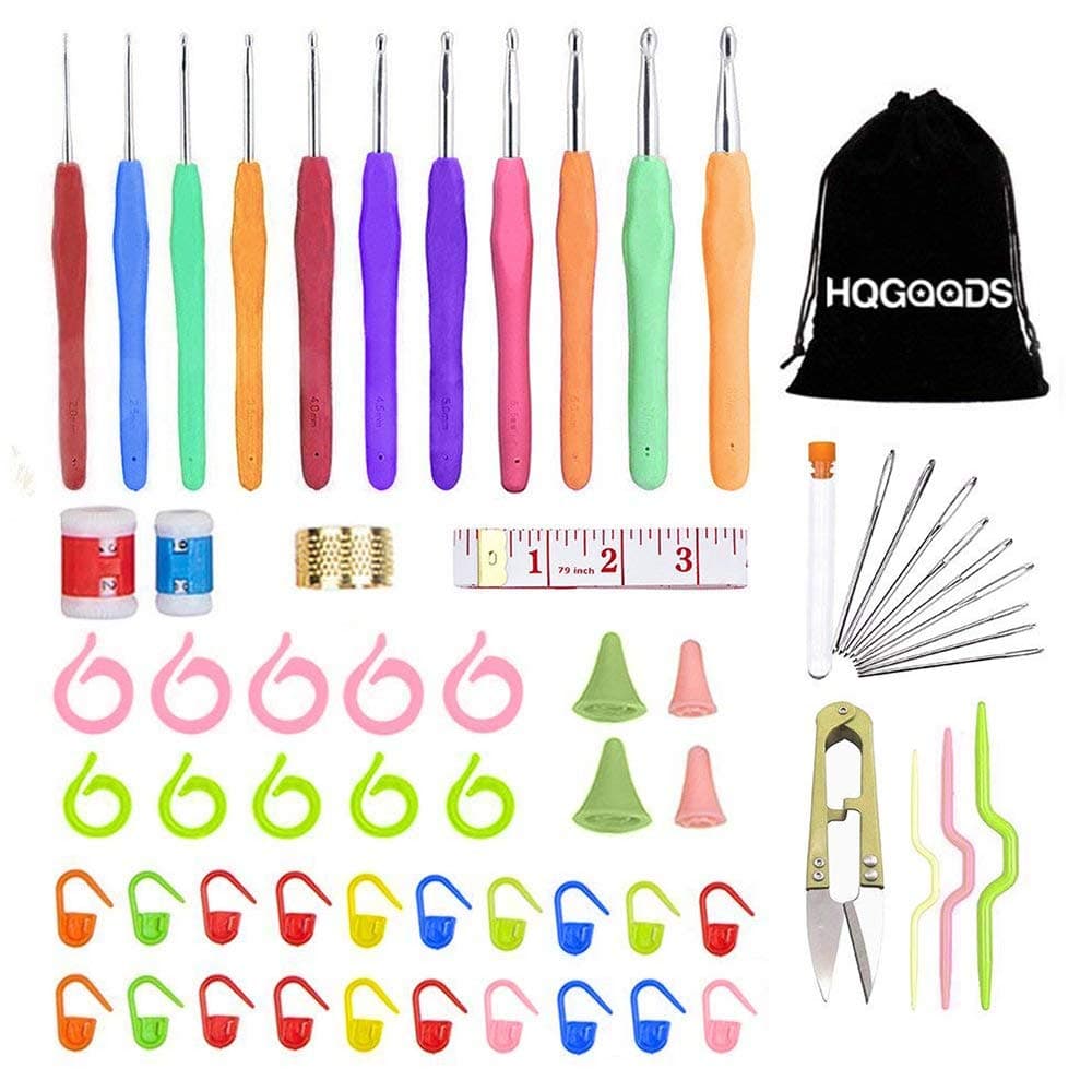 63 Pcs Ergonomic Crochet Hooks Set Knitting Needle Kit Accessories, Locking Stitch Markers & Crochet Yarn Tools, Aluminum Large-Eye Crochet Yarn Blunt Needles for Arthritic Hands