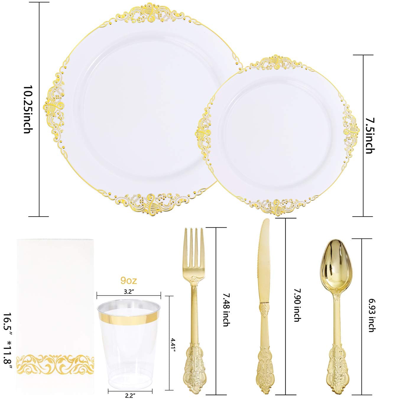 Nervure 175PCS White and Gold Plastic Plates - Disposable Dinnerware Set Include 50 Gold Plates for Dinner and Dessert, 75 Cutlery, 25Cups 25Napkins for Wedding & Party & Thanksgiving